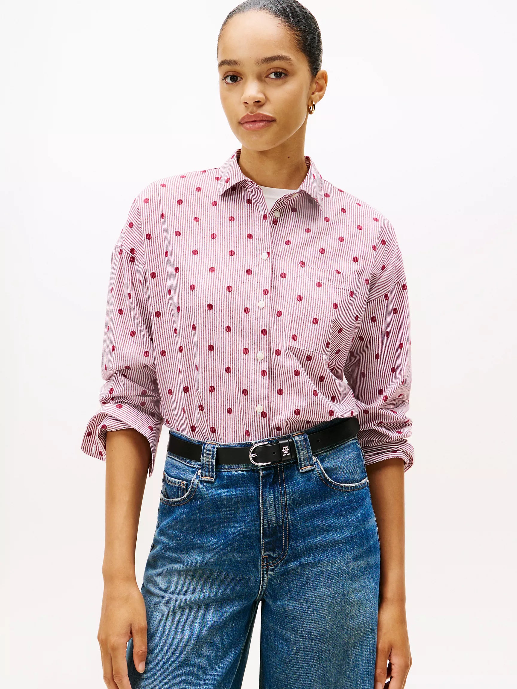 Tommy Womens' Relaxed Polka-Dot Poplin Jacquard Shirt/ Rouge