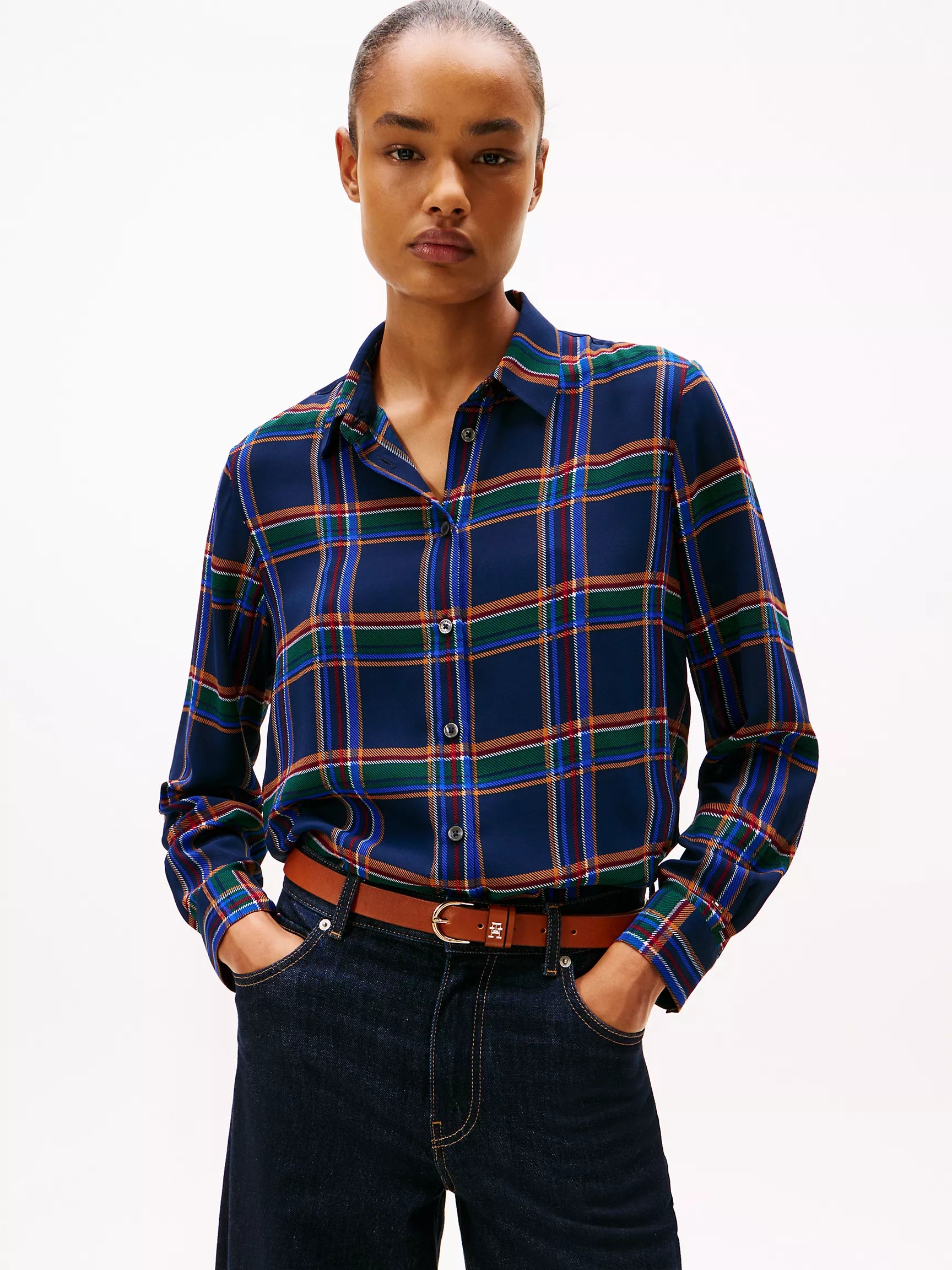 Tommy Womens' Relaxed Plaid Georgette Shirt /Carbon Navy