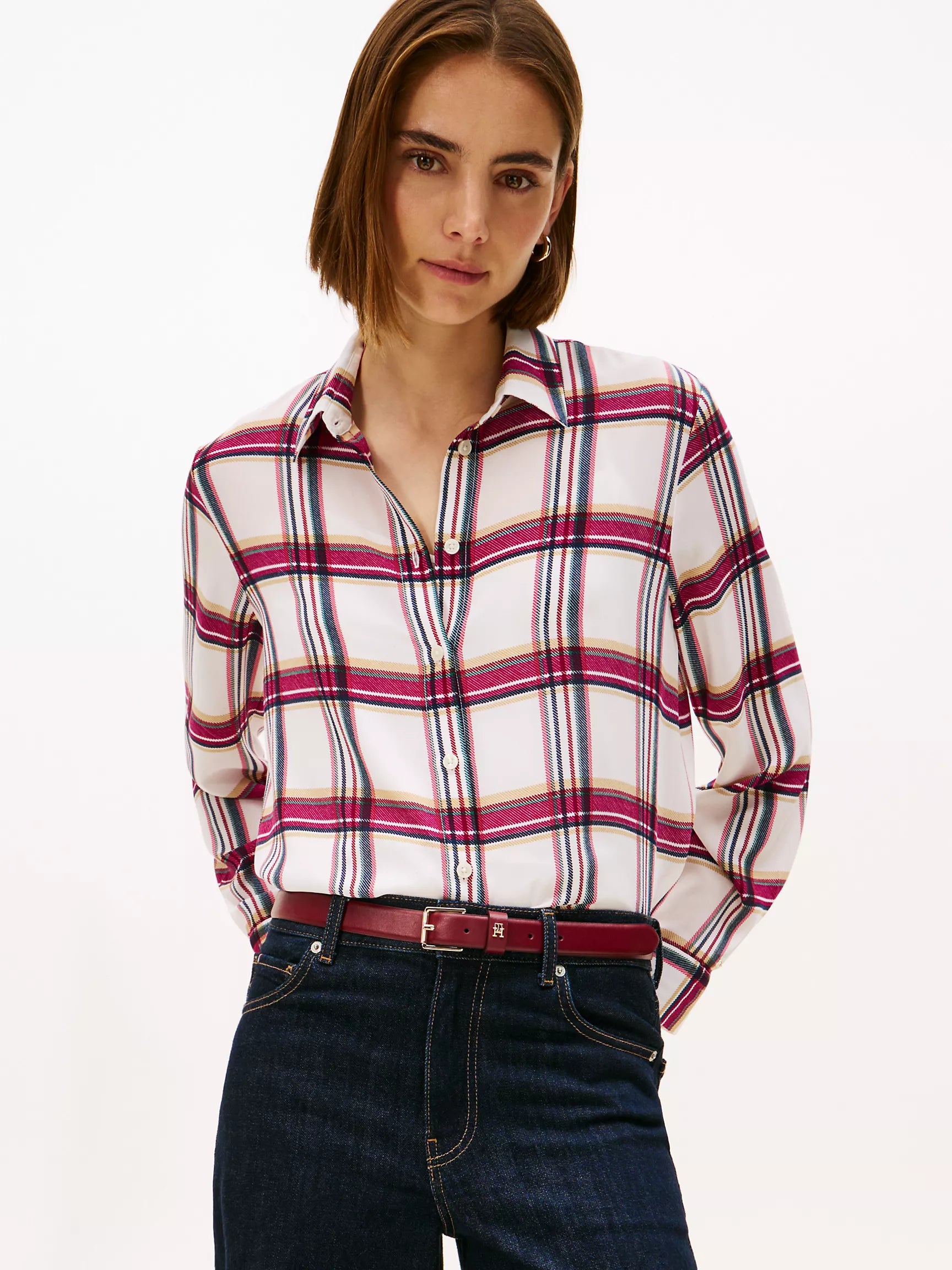 Tommy Womens' Relaxed Plaid Georgette Shirt /Ivory
