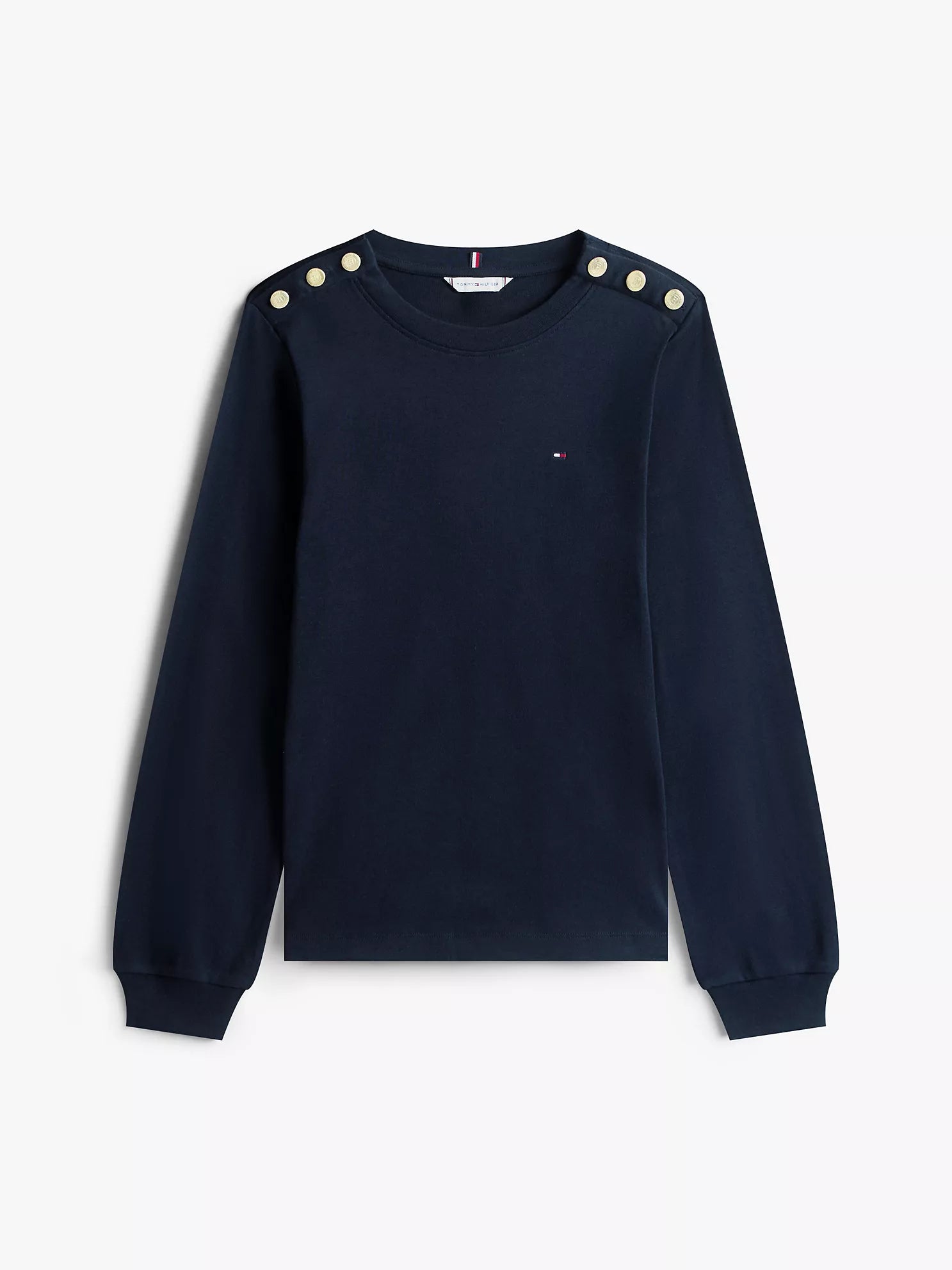Womens' Tommy Gold-Button Crewneck T-Shirt Navy Blue