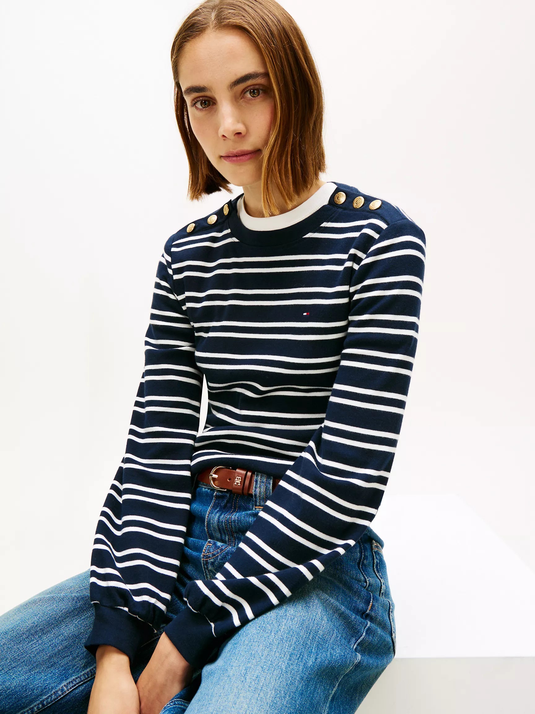 Womens' Tommy Gold-Button Stripe Crewneck T-Shirt Navy Blue