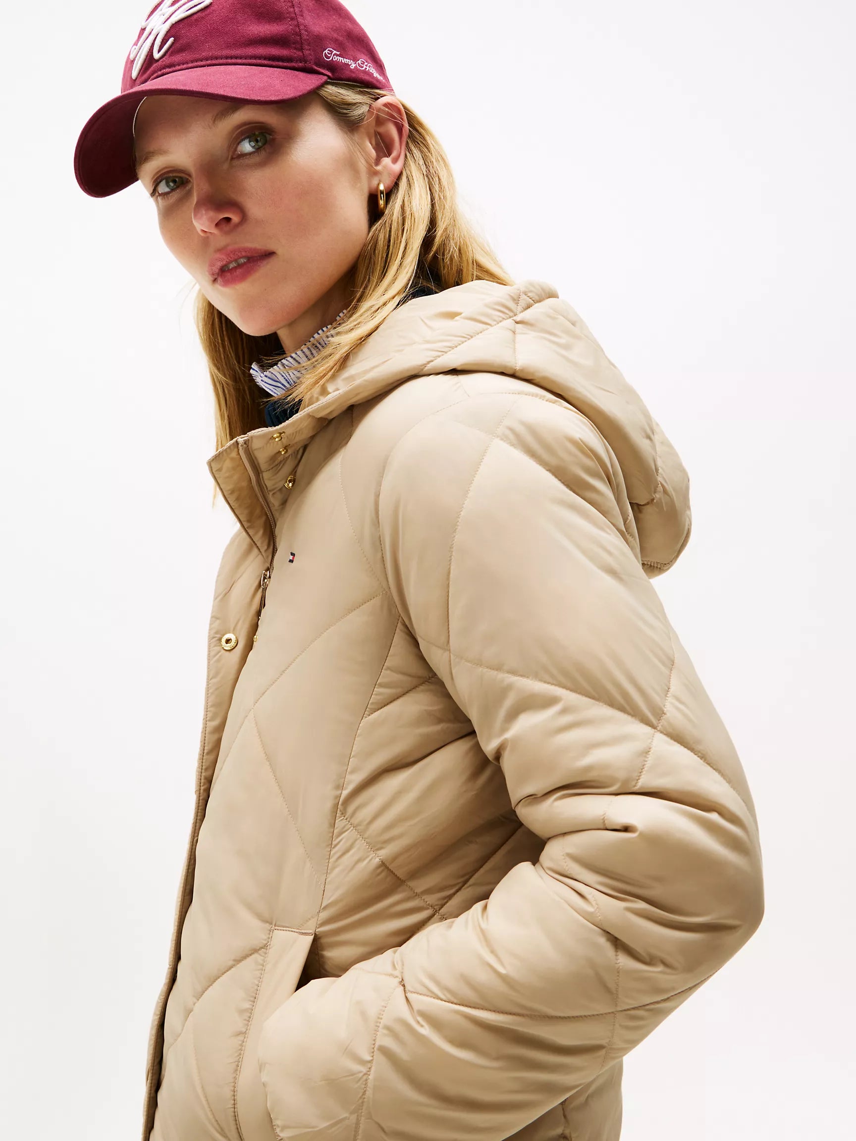TOMMY WOMENS' Lightweight Hooded Padded Quilted Jacket Beige