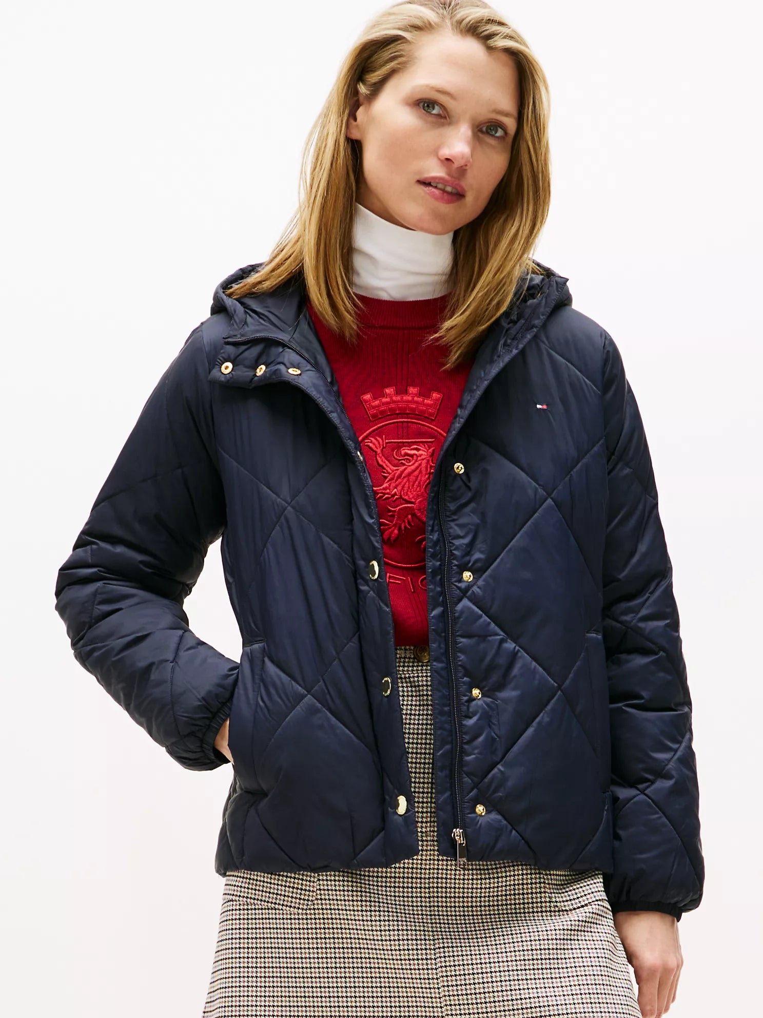 Tommy WOMENS' Hooded Padded Quilted Jacket Navy