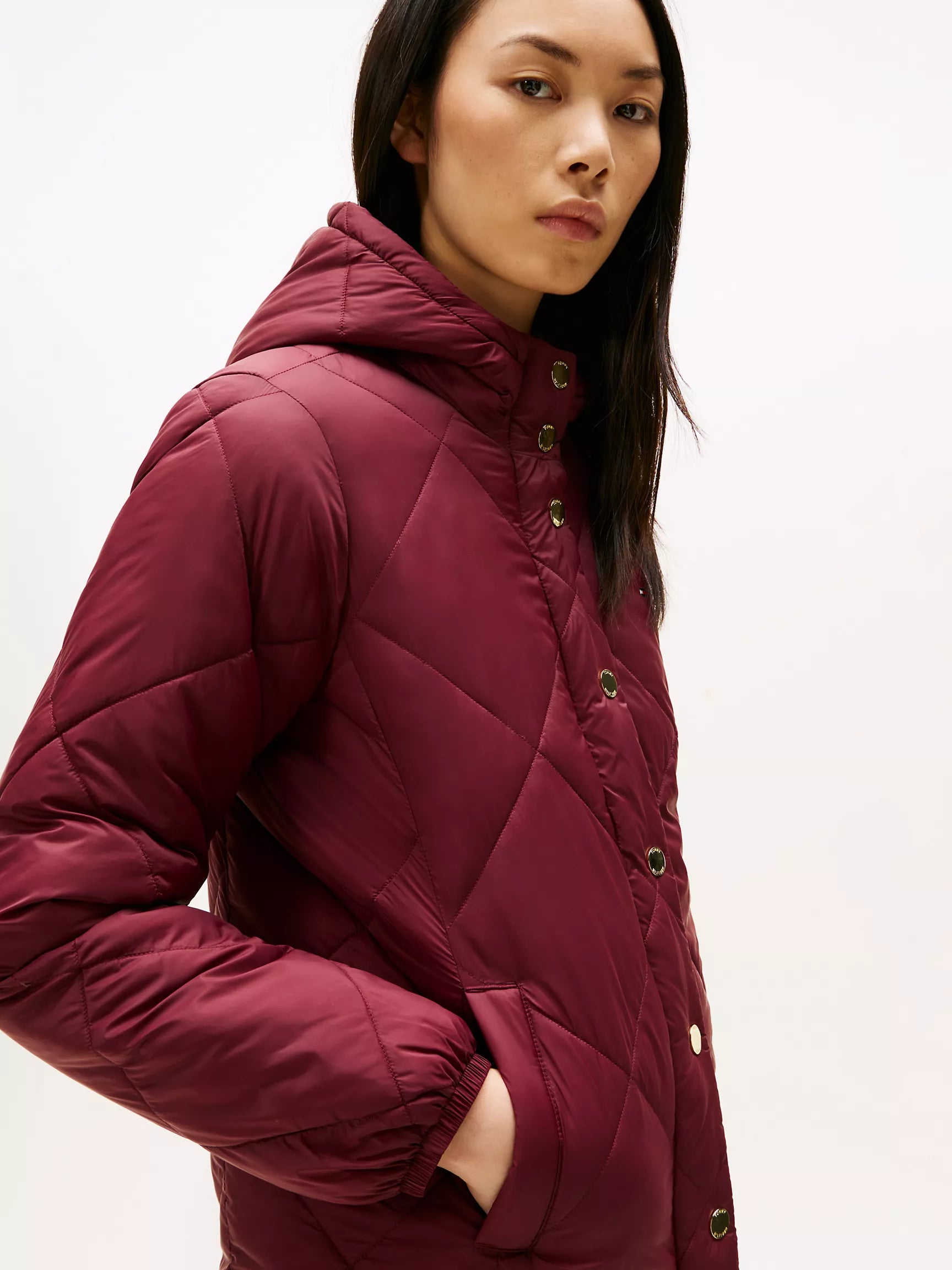 Tommy WOMENS' Hooded Padded Quilted Jacket Burgundy