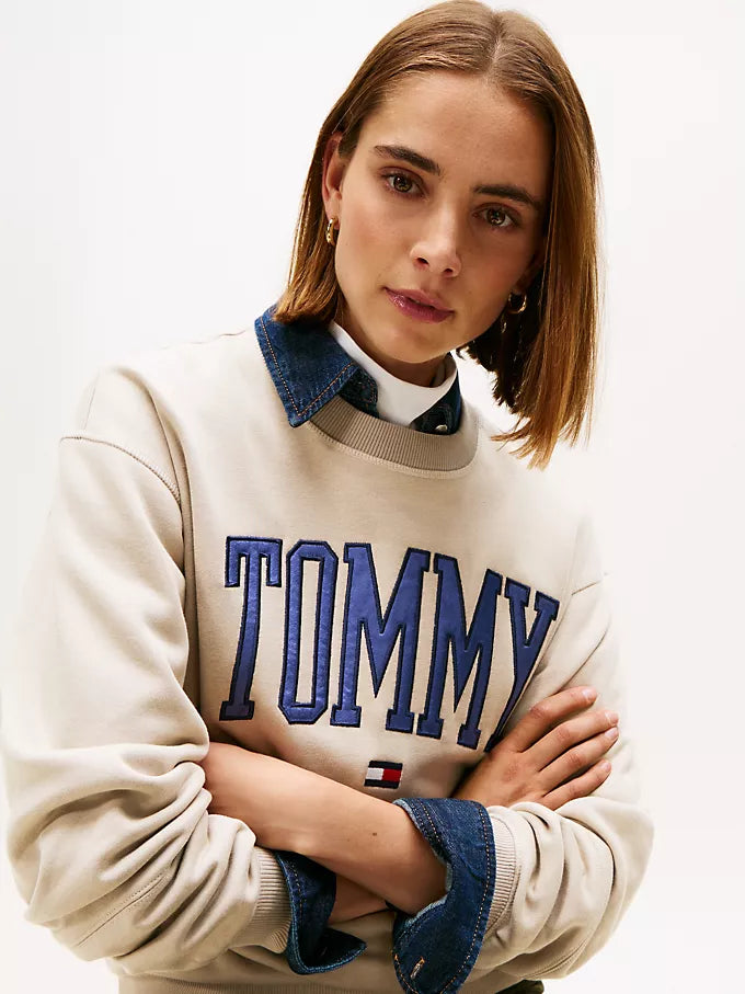 Tommy Womens' Varsity Tommy Logo Crewneck Sweatshirt/ STONE