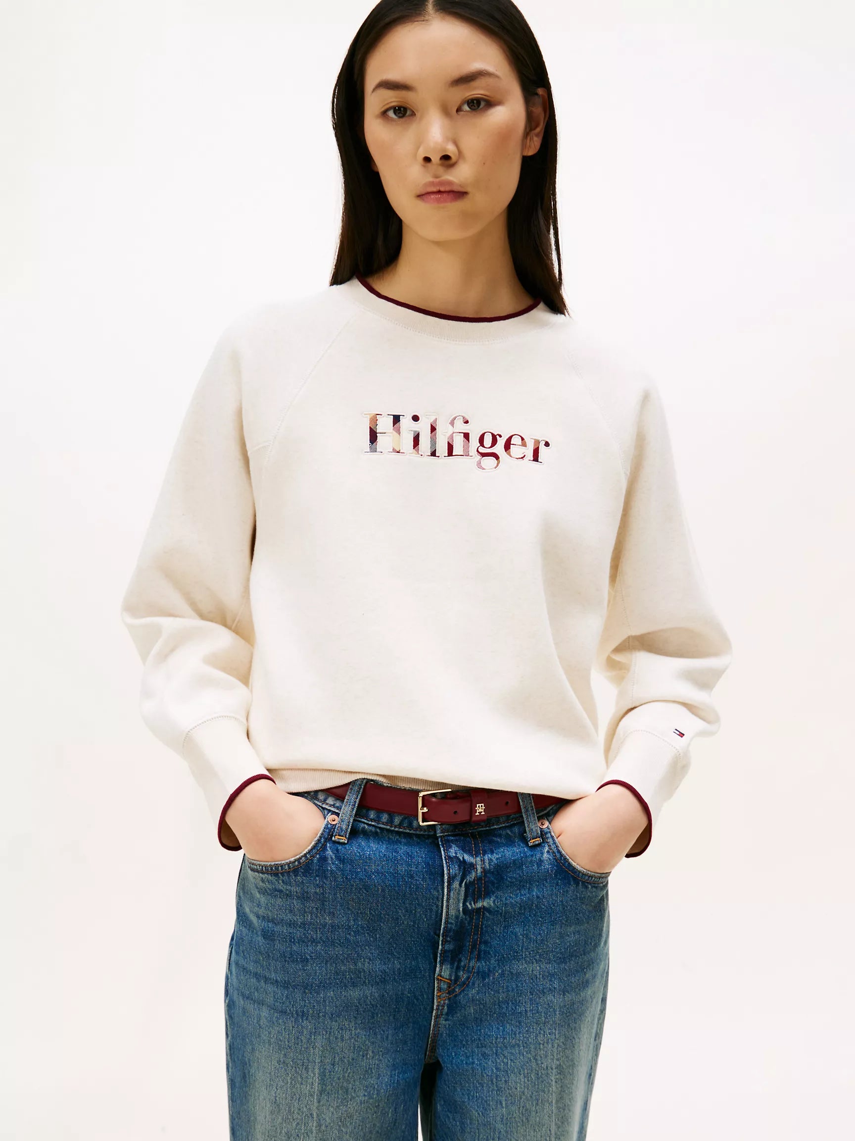Womens' Tommy Plaid Hilfiger Logo Sweatshirt Dark Beige