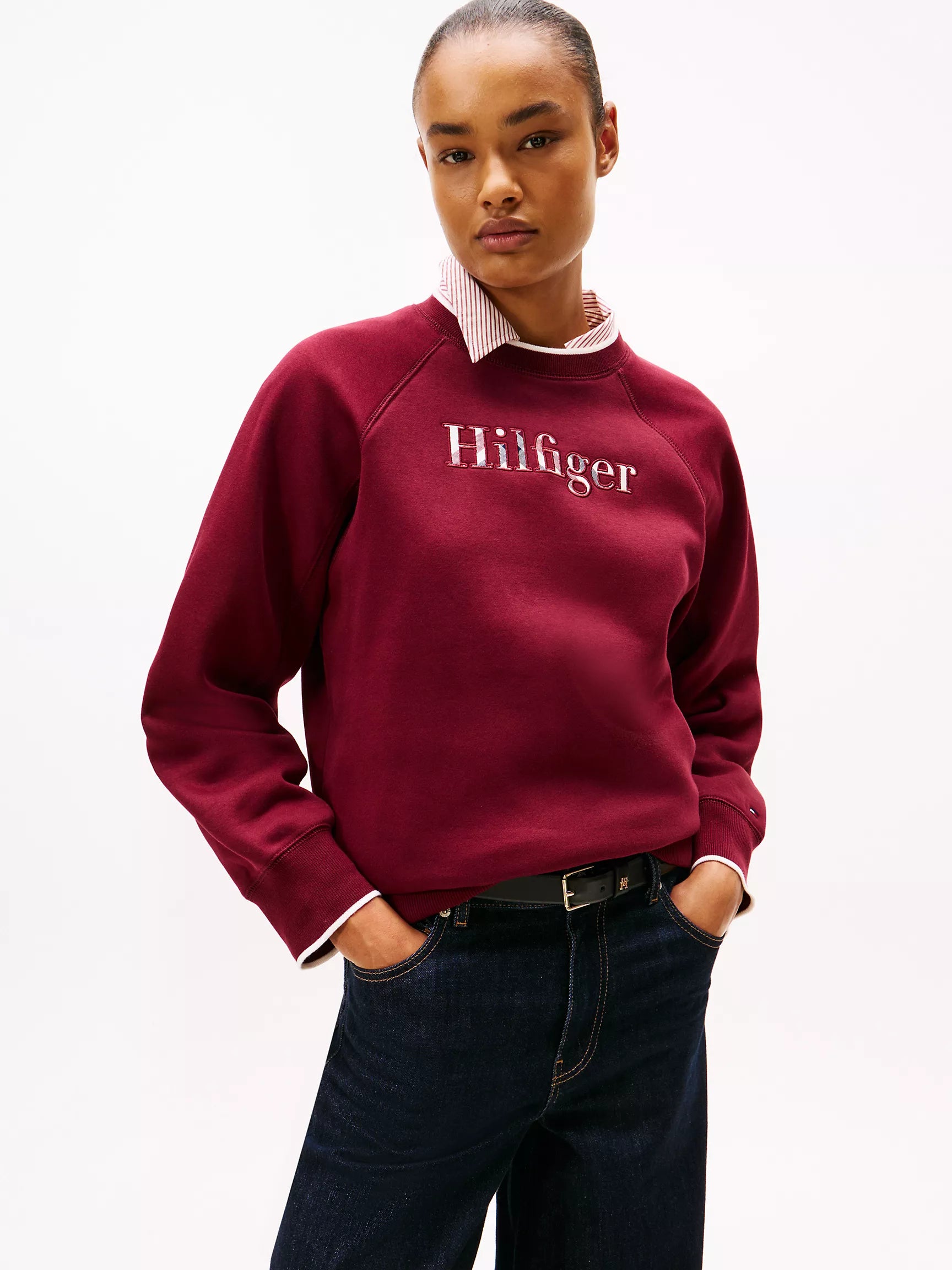Womens' Tommy Plaid Hilfiger Logo Sweatshirt Burgundy