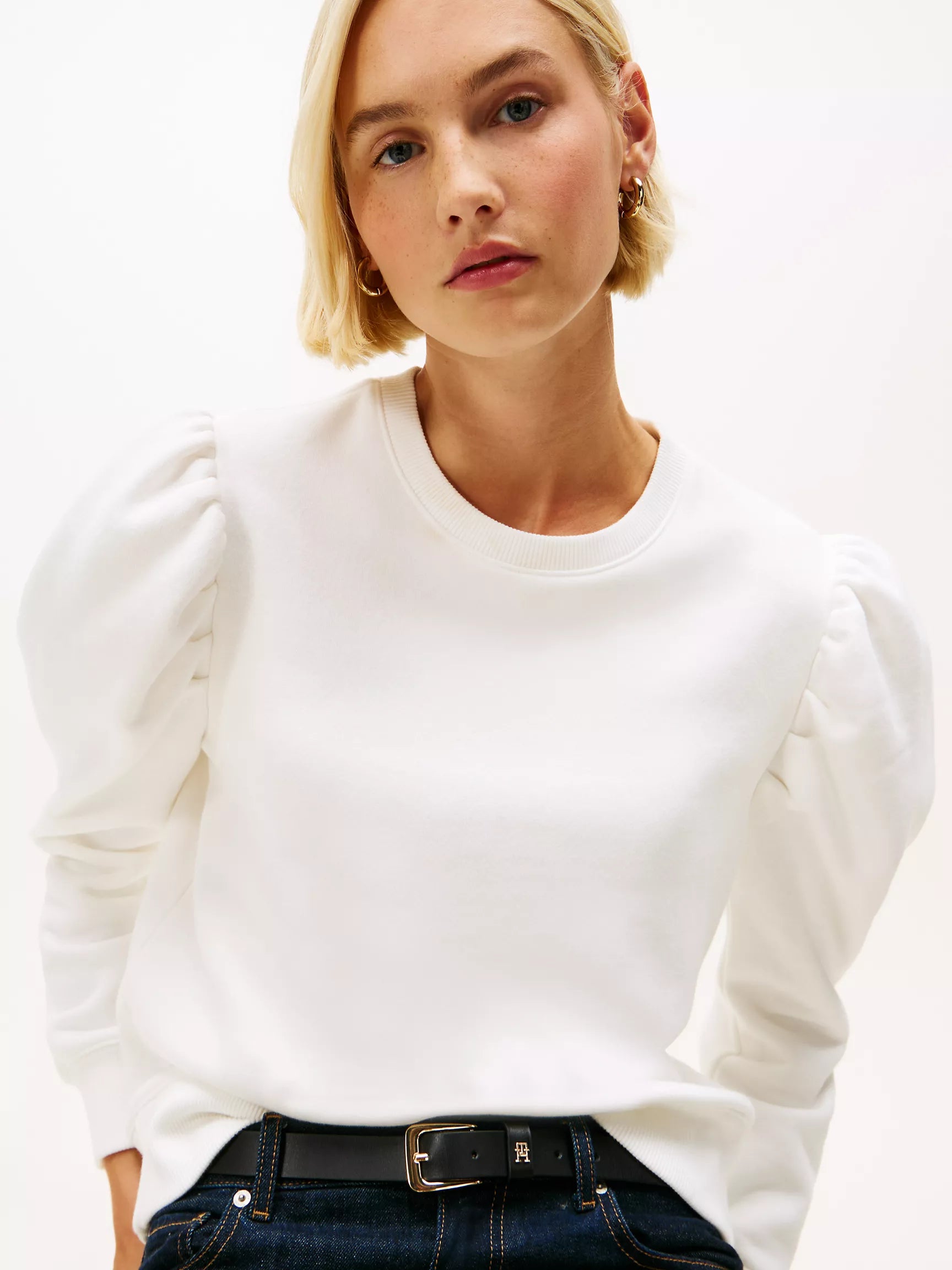 Womens' TOMMY Puff-Sleeve Fleece Sweatshirt Ecru