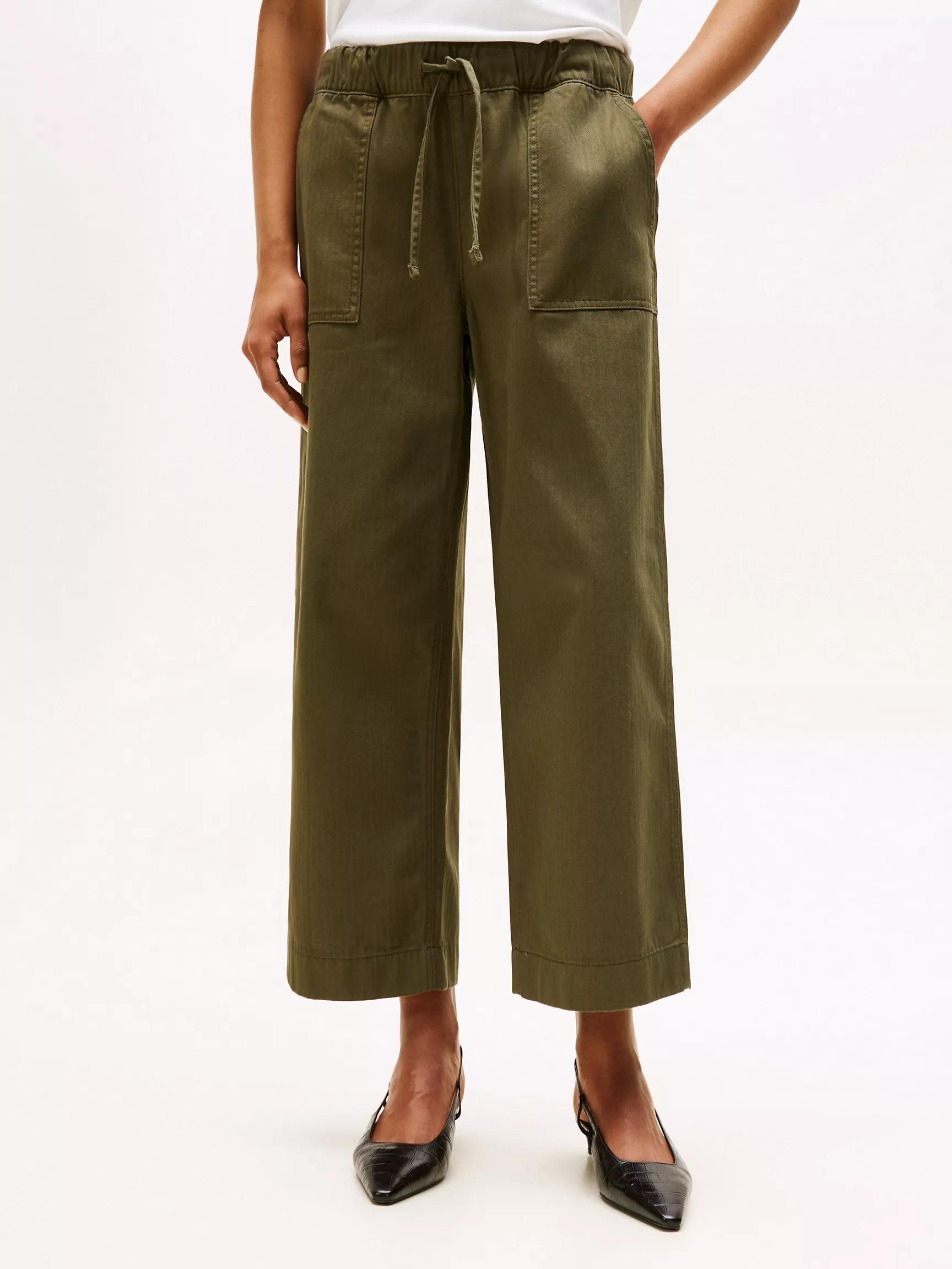 Tommy Womens' Herringbone Twill Wide-Leg Pant Platinum Olive