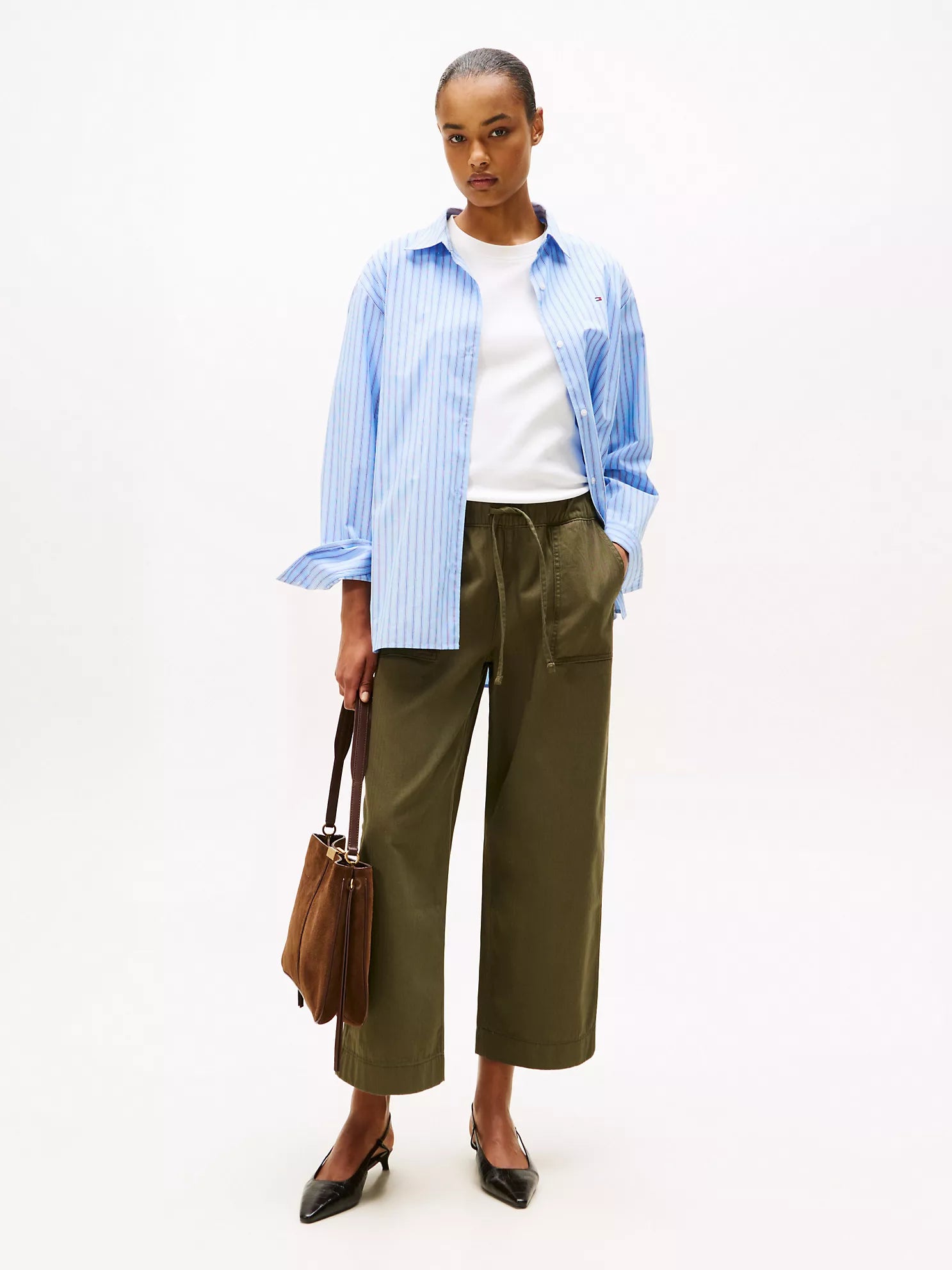 Tommy Womens' Herringbone Twill Wide-Leg Pant Platinum Olive