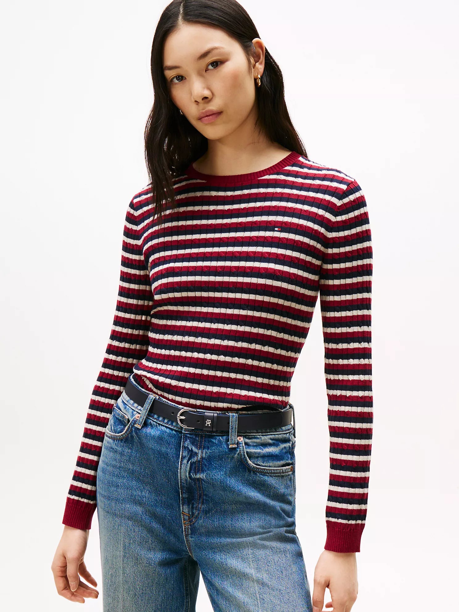 TOMMY WOMENS' Stripe Cable Knit Sweater Rouge