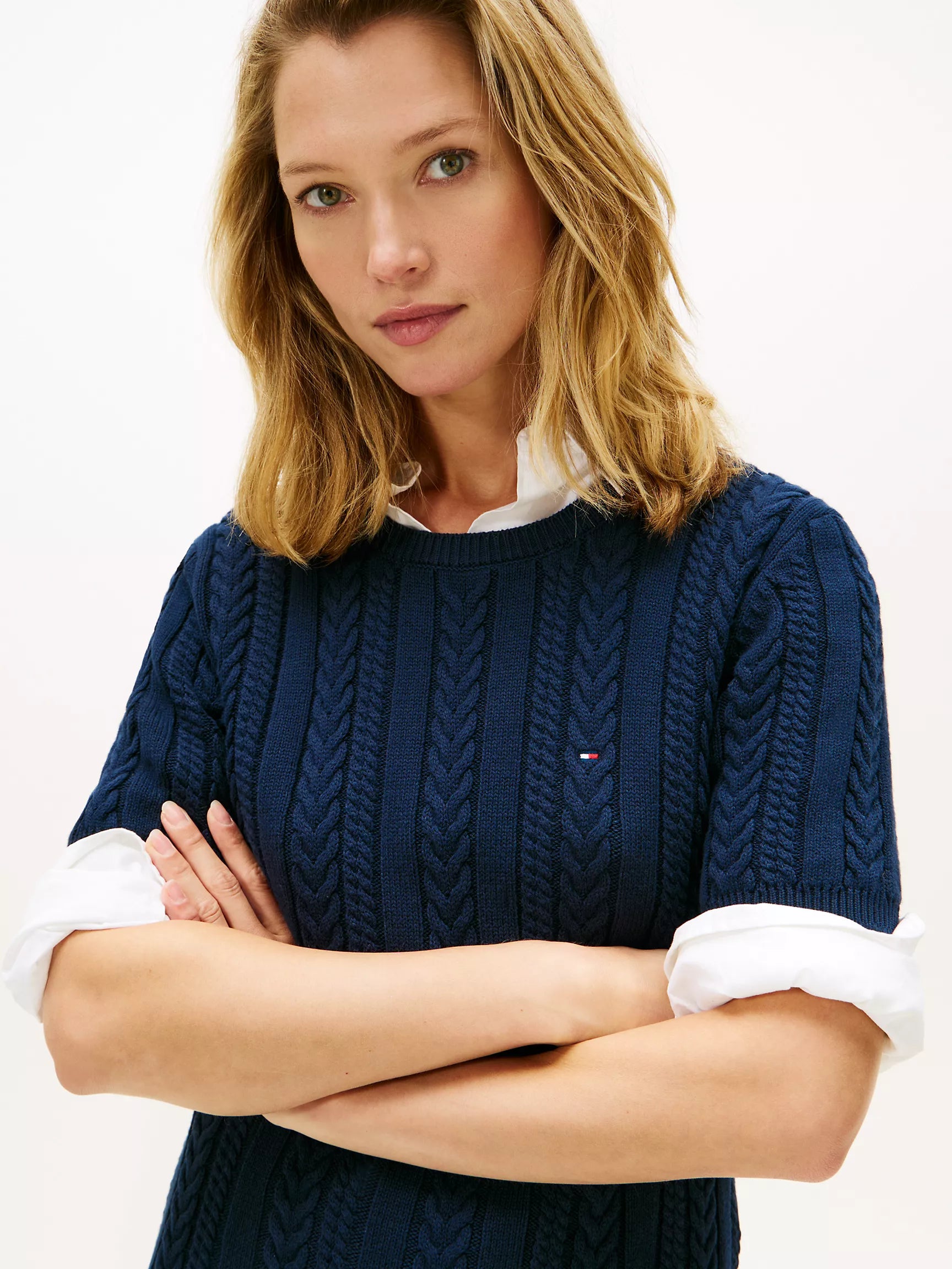 Tommy Womens'  Short-Sleeve Cable Knit Sweater Dress/ Navy Blue