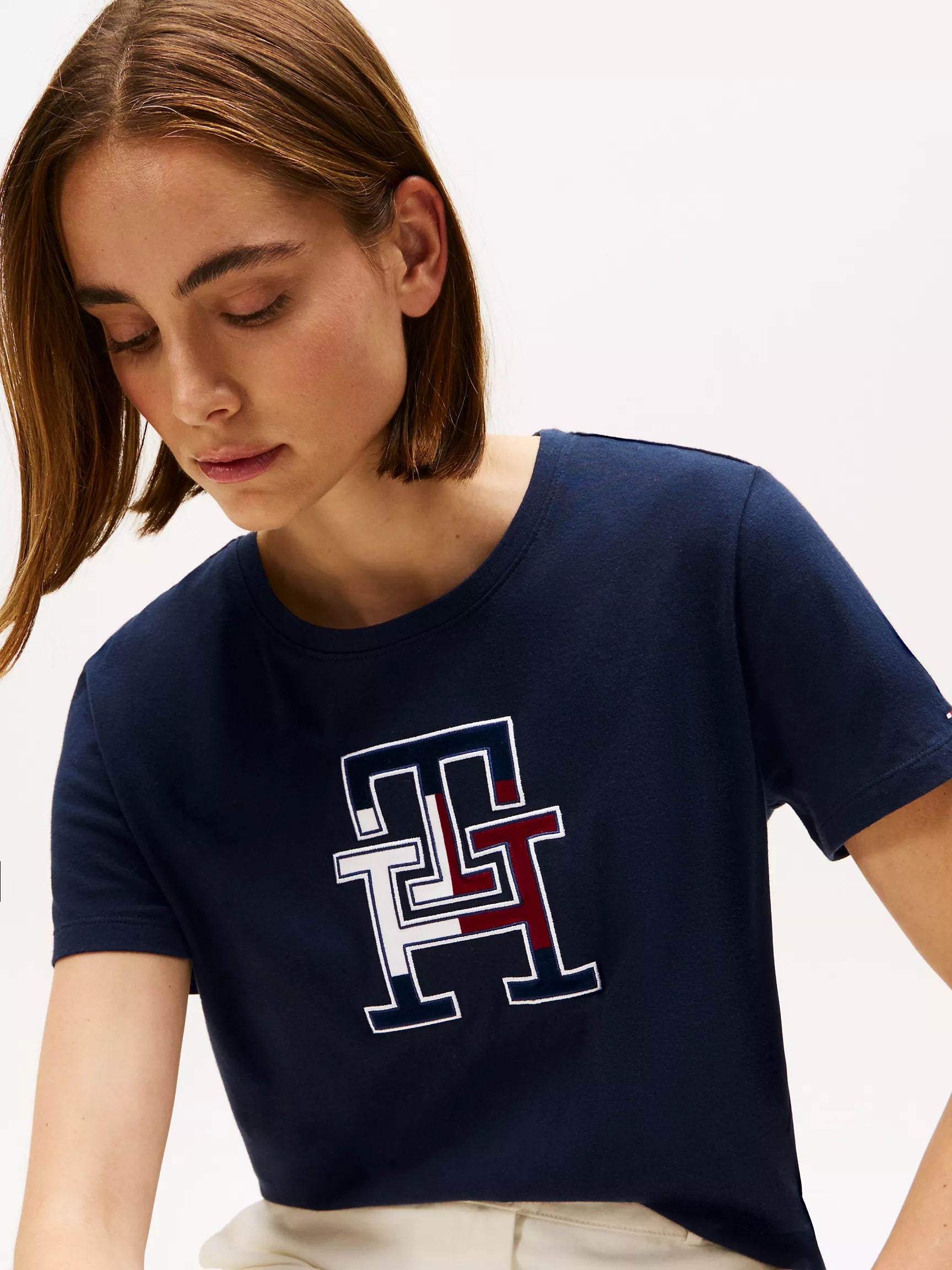 Tommy Womens' Embroidered Tricolor Logo T-Shirt/Navy Blue