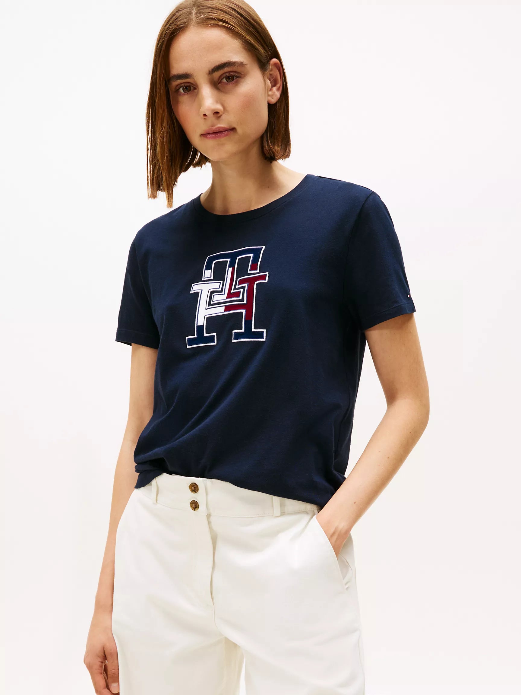 Tommy Womens' Embroidered Tricolor Logo T-Shirt/Navy Blue