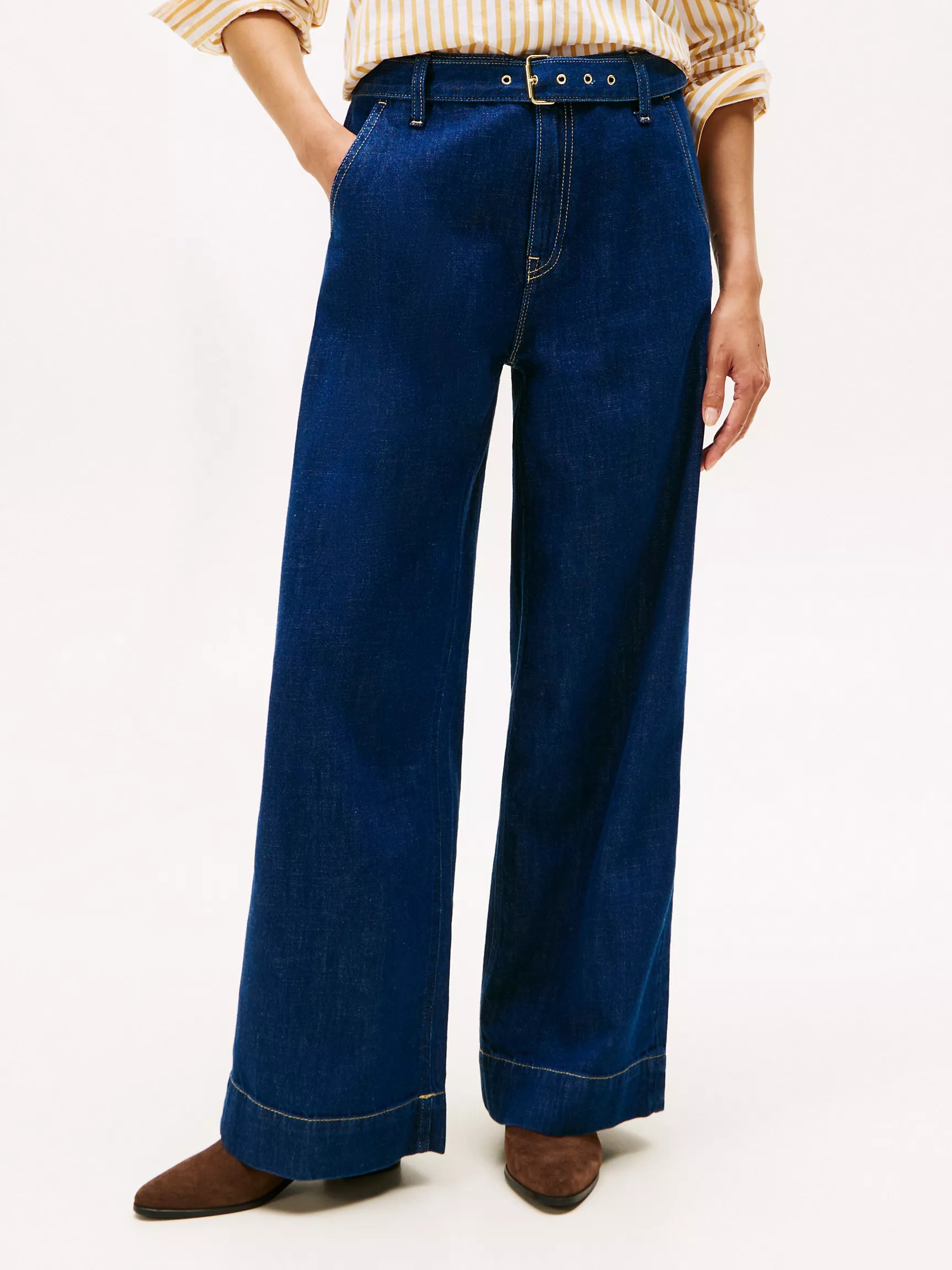 TOMMY WOMENS' High-Rise Belted Wide Leg Jean Medium Wash