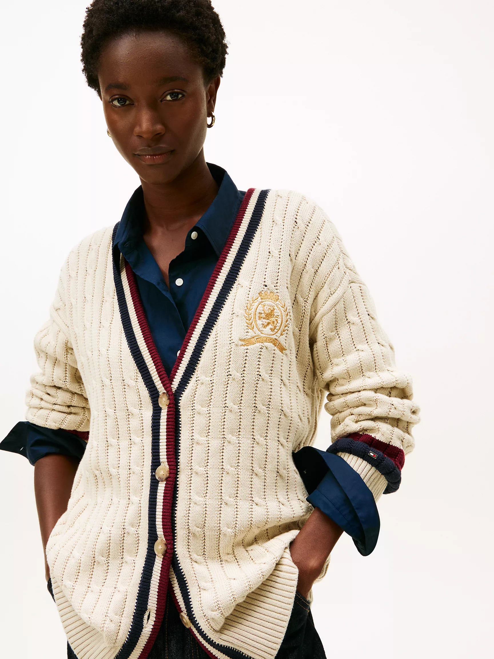 Womens' Tommy Cable Knit Crest Logo Varsity Cardigan