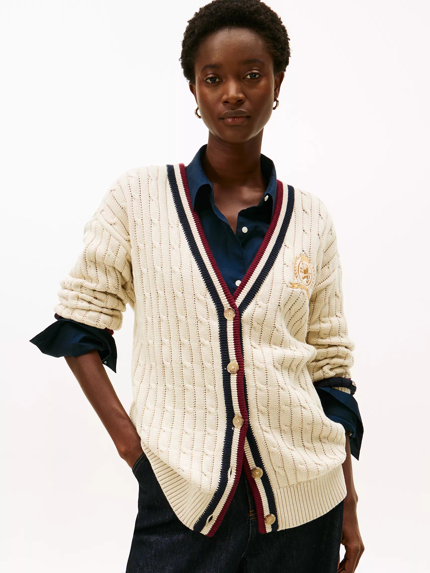 Womens' Tommy Cable Knit Crest Logo Varsity Cardigan