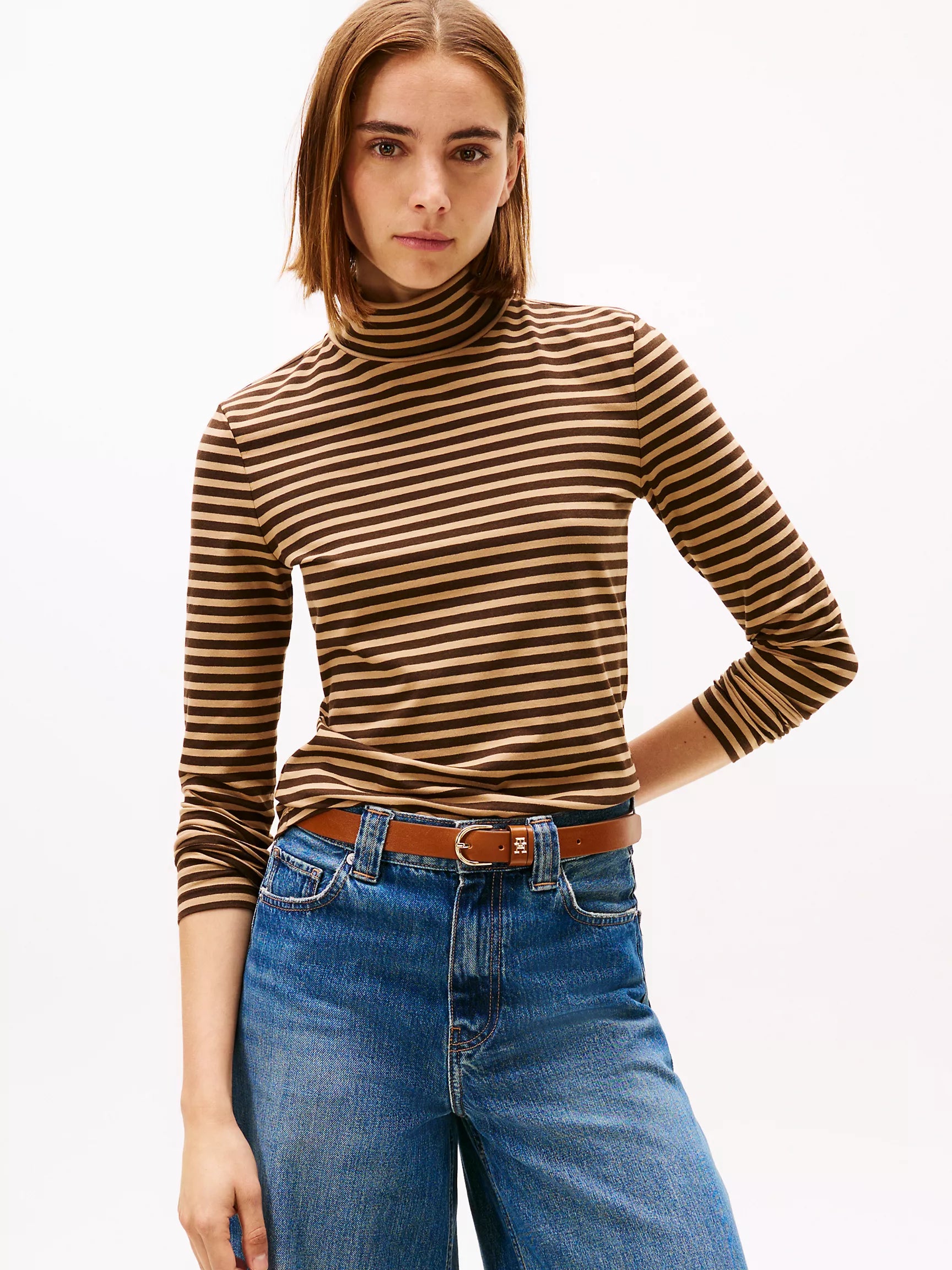 Womens' Tommy Long-Sleeve Stripe Turtleneck T-Shirt/ Dark Coffee