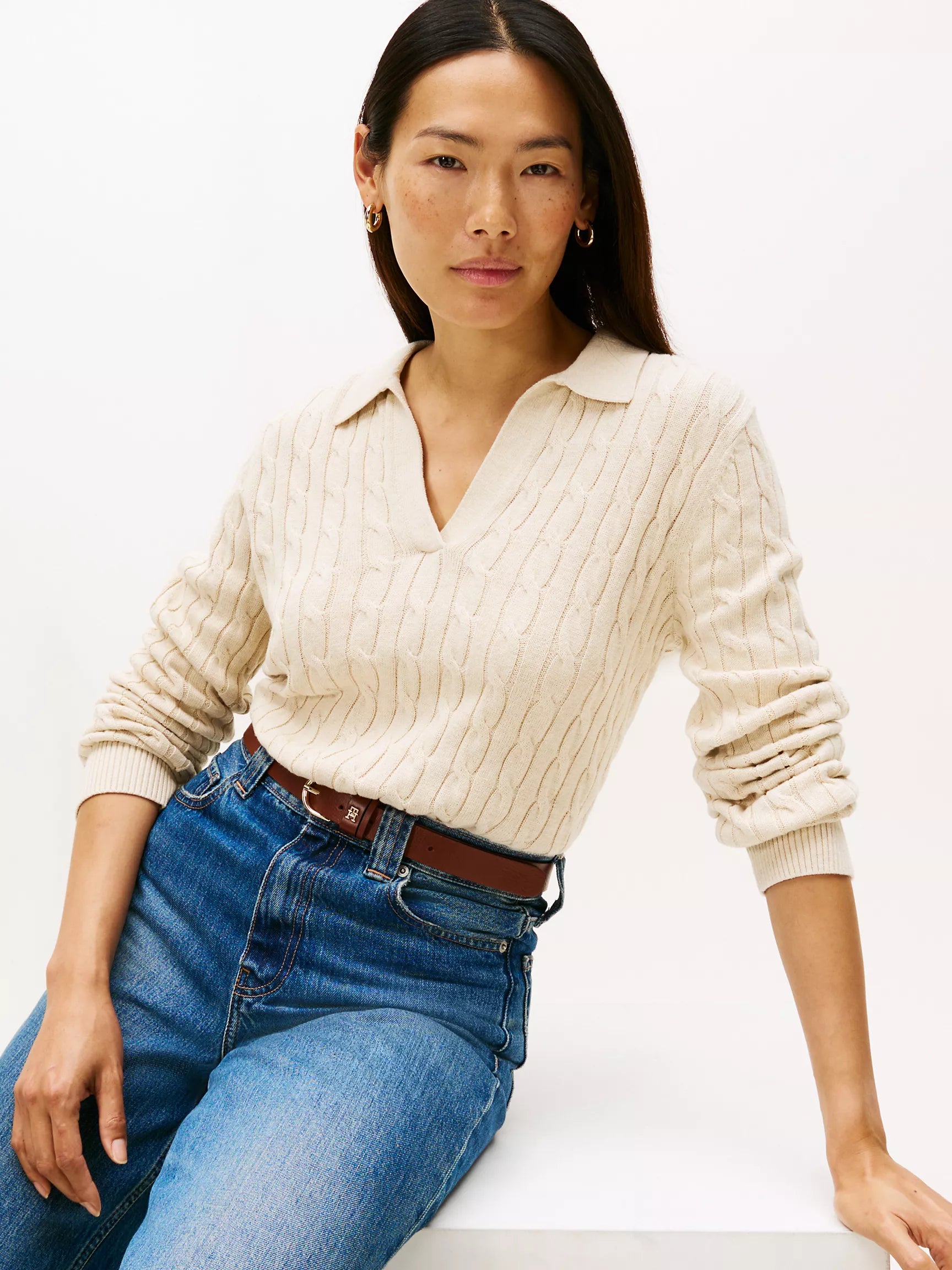 Womens' Tommy Open Placket Cable Knit Sweater Polo Dark Beige