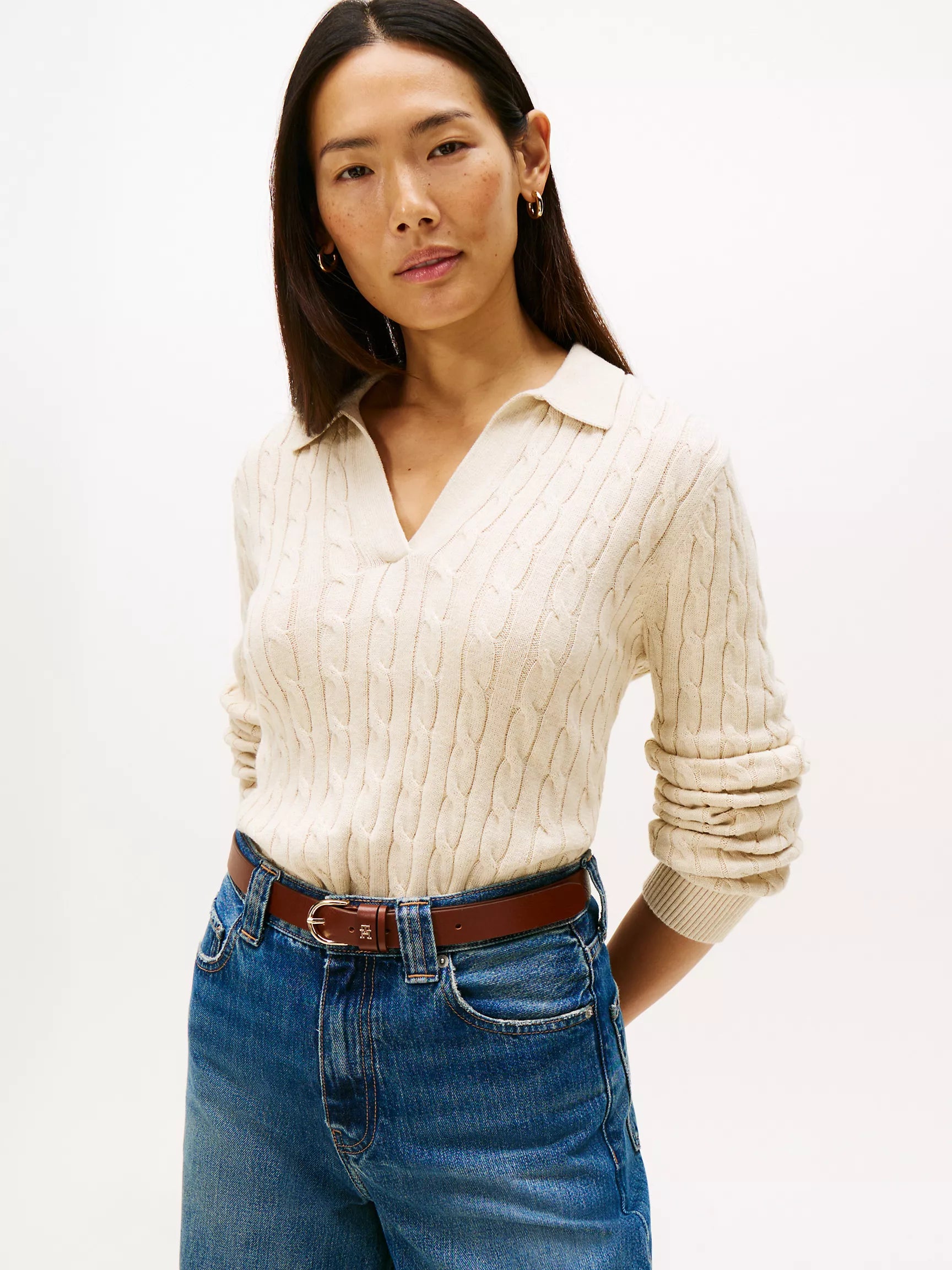 Womens' Tommy Open Placket Cable Knit Sweater Polo Dark Beige