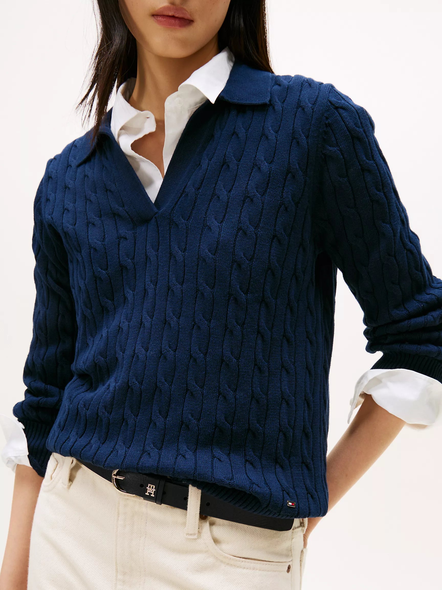 Womens' Tommy Open Placket Cable Knit Sweater Polo Navy Blue
