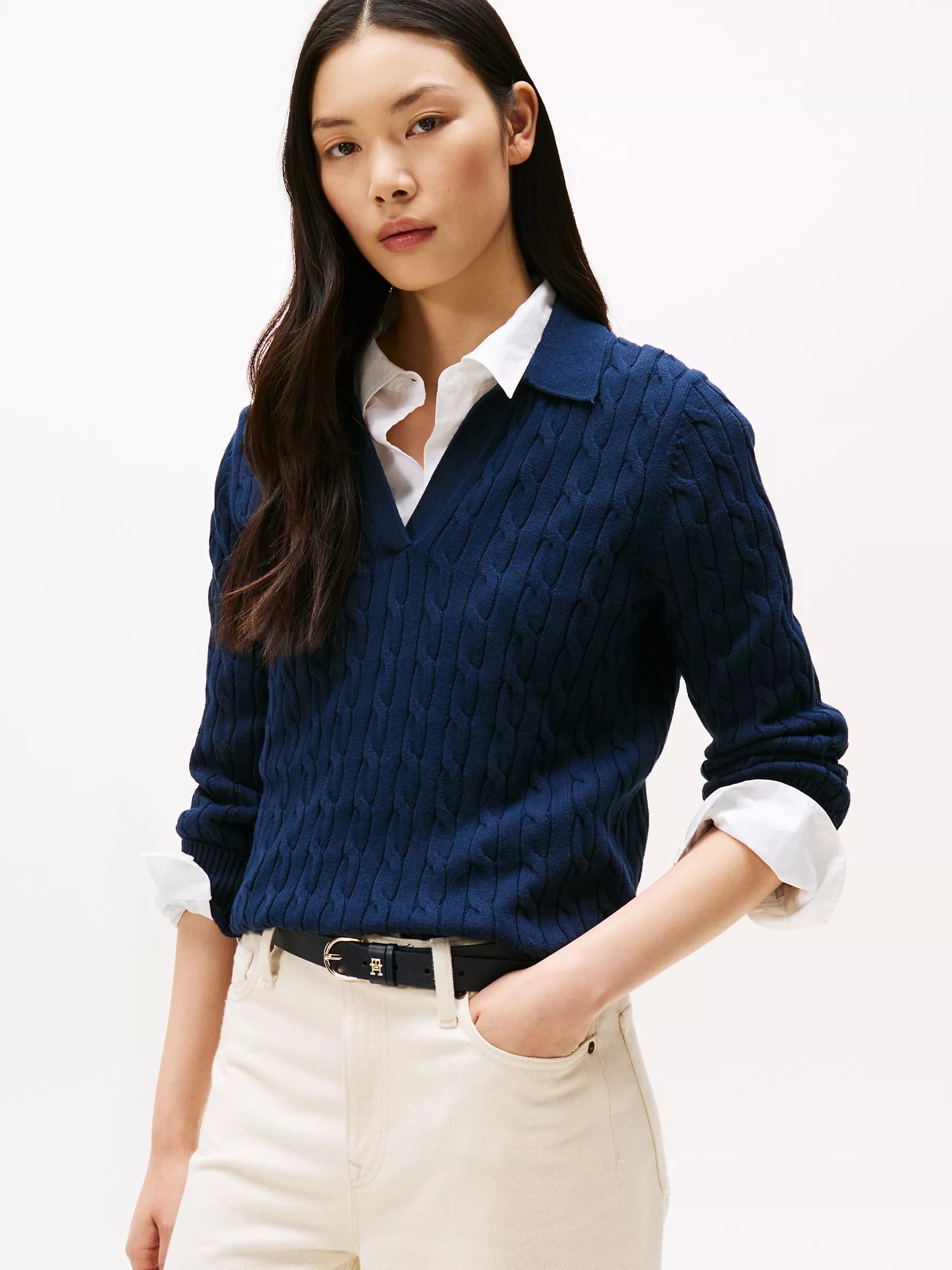 Womens' Tommy Open Placket Cable Knit Sweater Polo Navy Blue