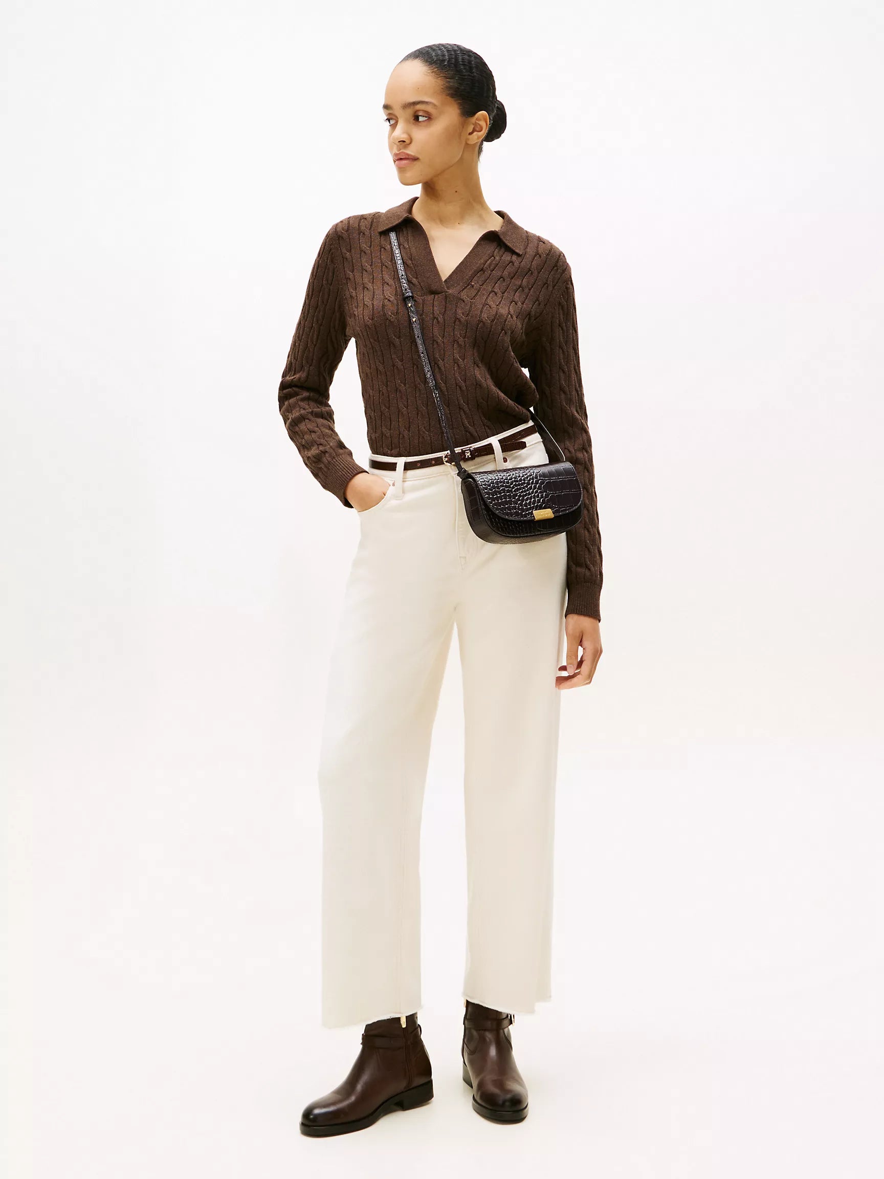 Womens' Tommy Open Placket Cable Knit Sweater Polo BROWN