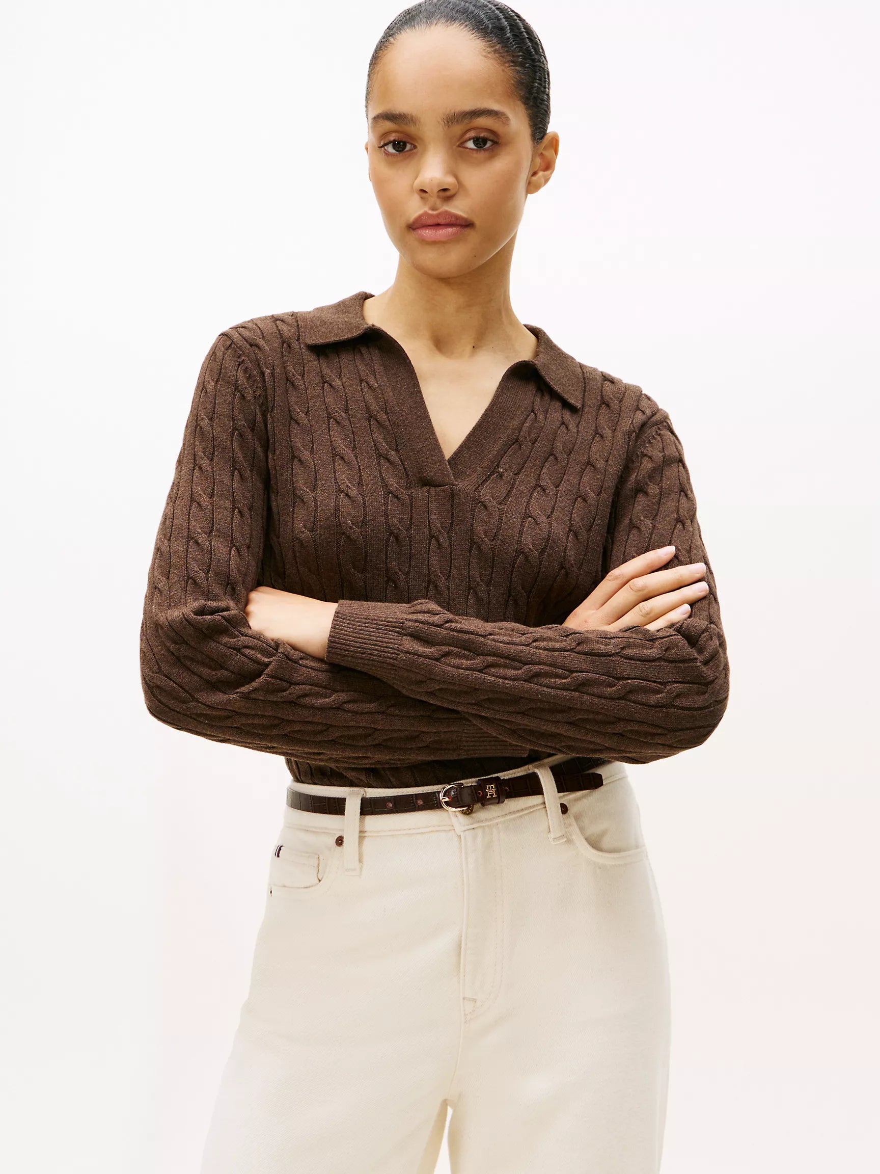 Womens' Tommy Open Placket Cable Knit Sweater Polo BROWN