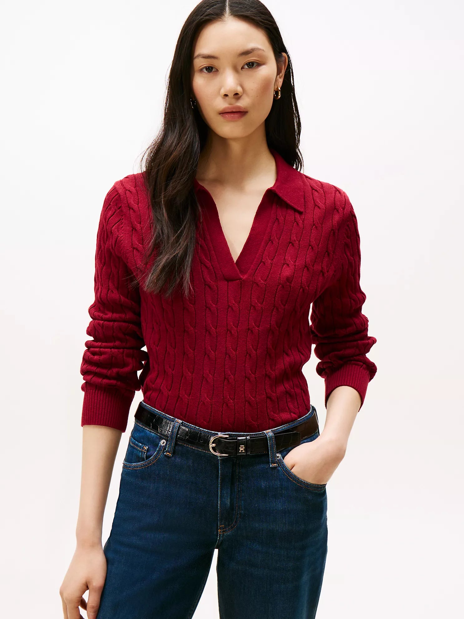 Womens' Open Placket Cable Knit Sweater Polo Rouge