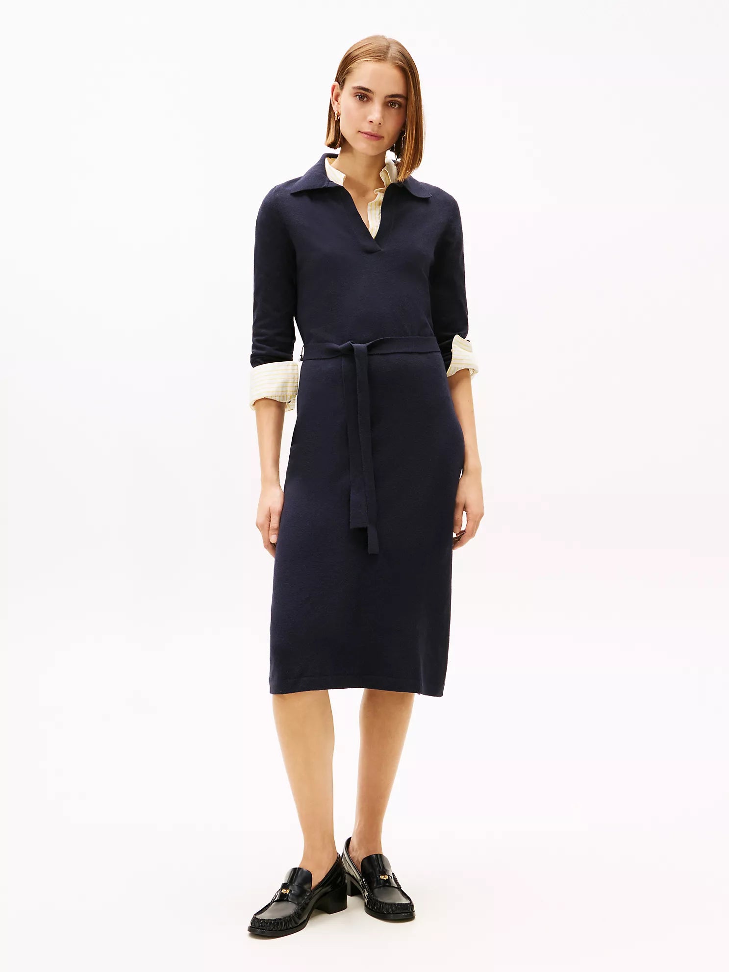 TOMMY WOMENS' Belted Sweater Polo Dress Navy