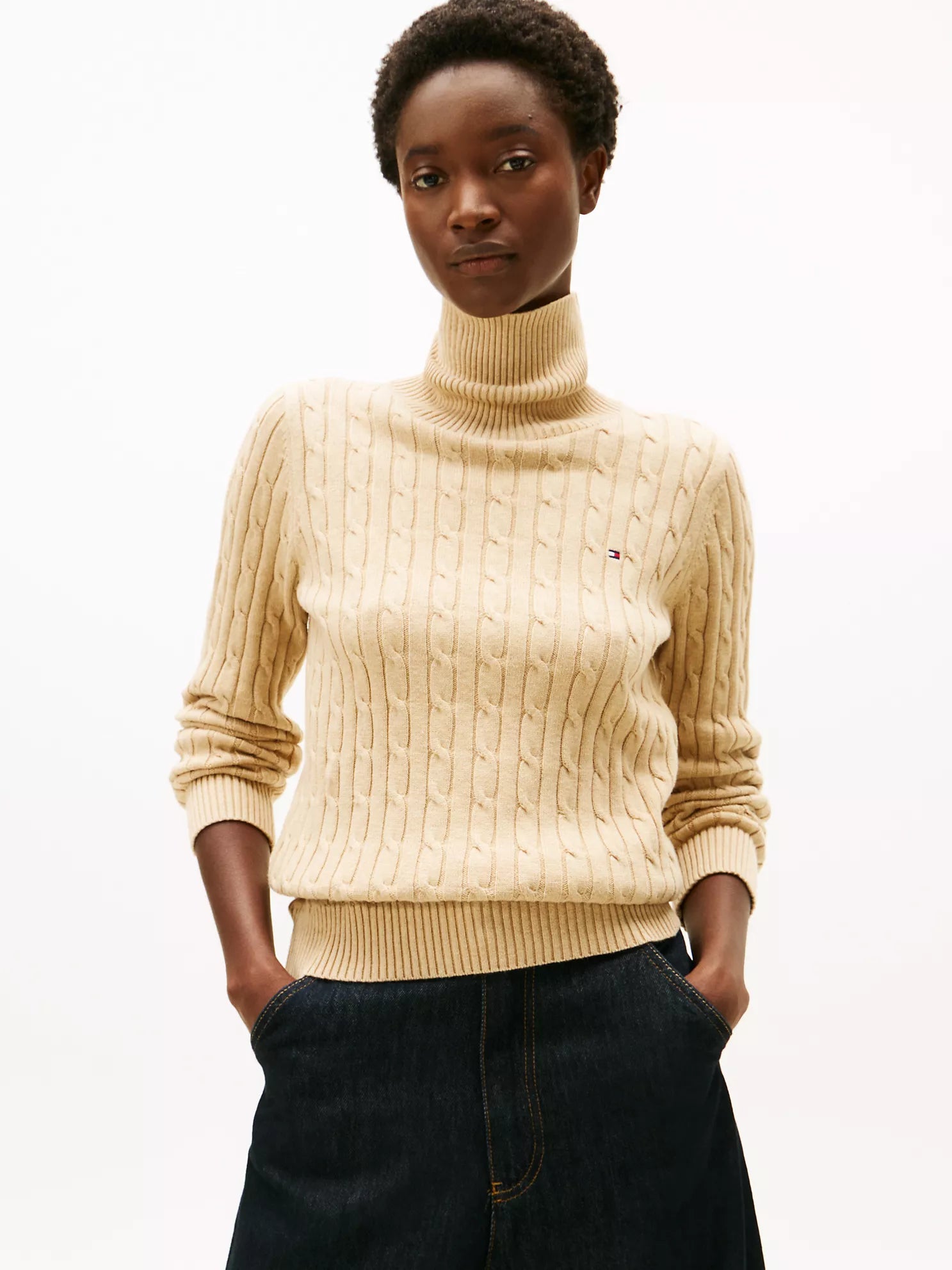 Womens' TOMMY Cable Knit Turtleneck Sweater Beige