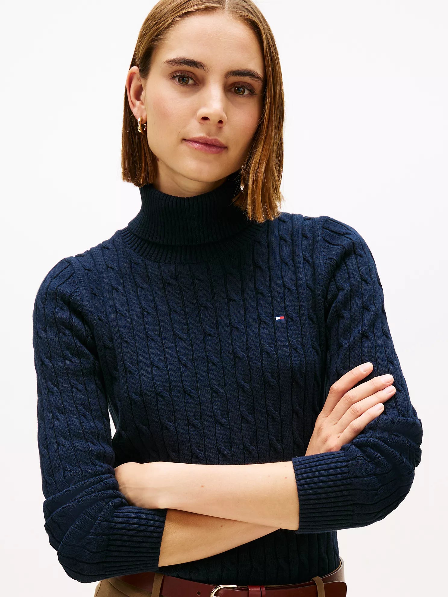 Womens' TOMMY Cable Knit Turtleneck Sweater Navy
