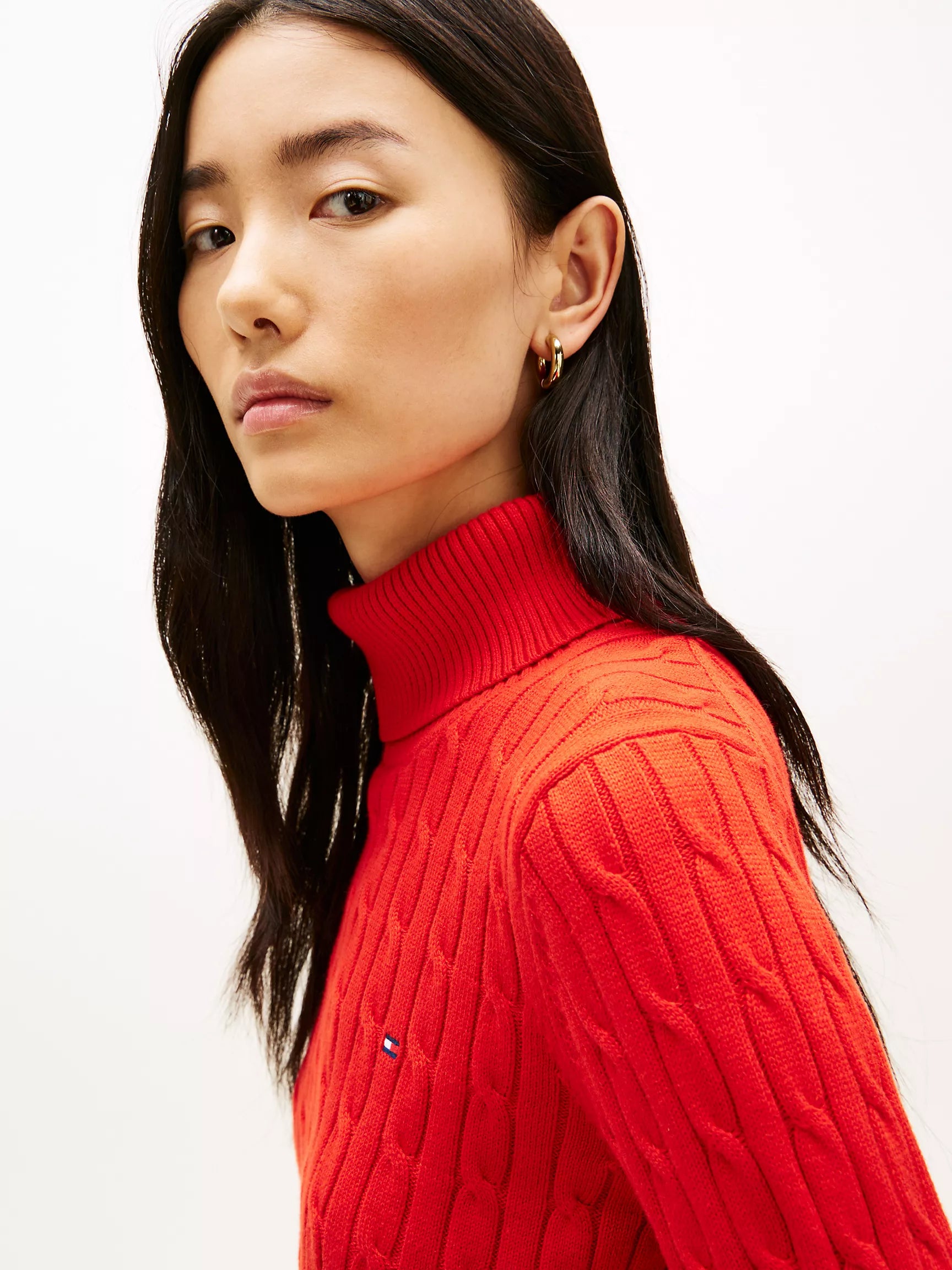 Womens' TOMMY Cable Knit Turtleneck Sweater Deep Crimson