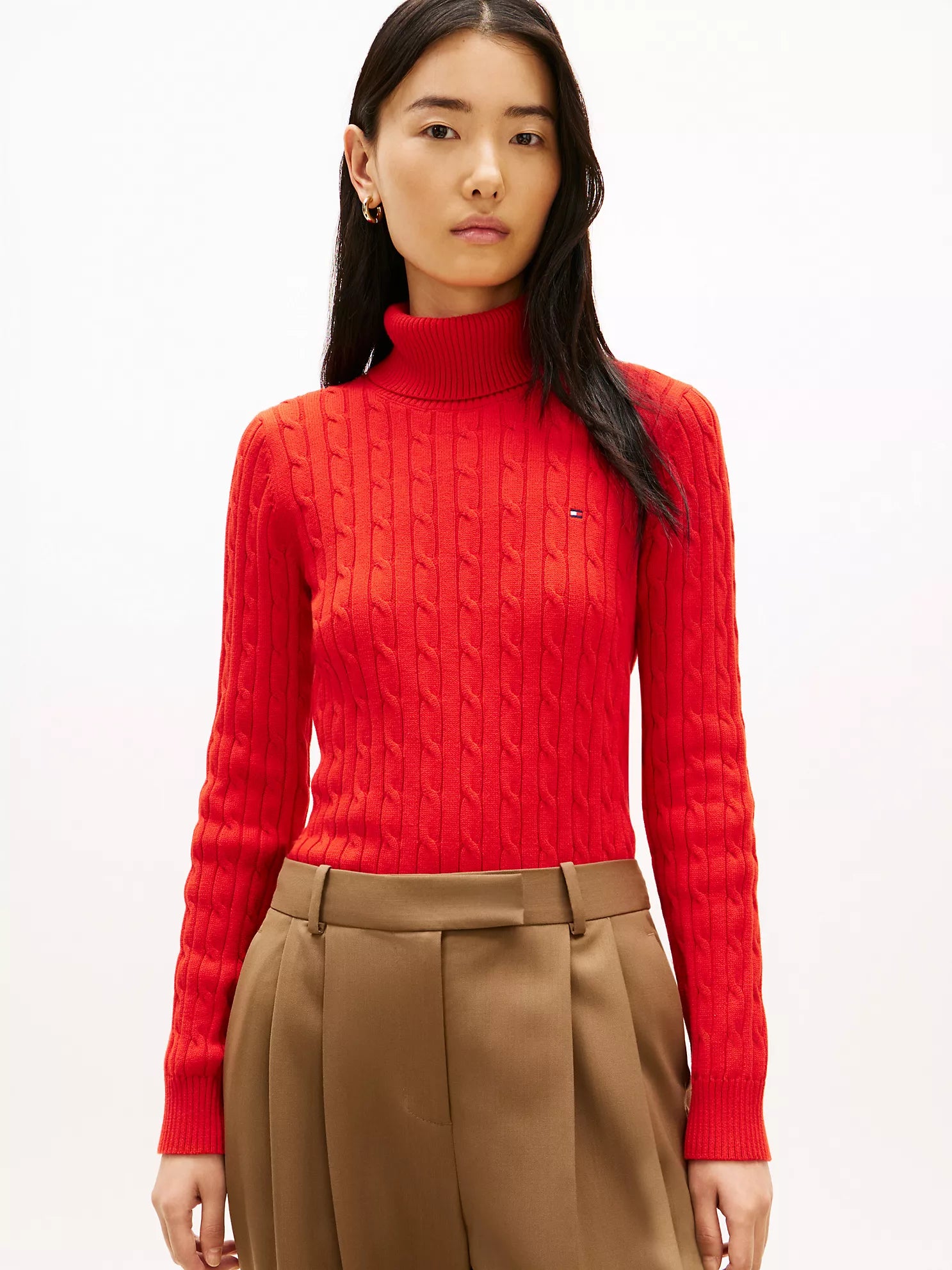 Womens' TOMMY Cable Knit Turtleneck Sweater Deep Crimson