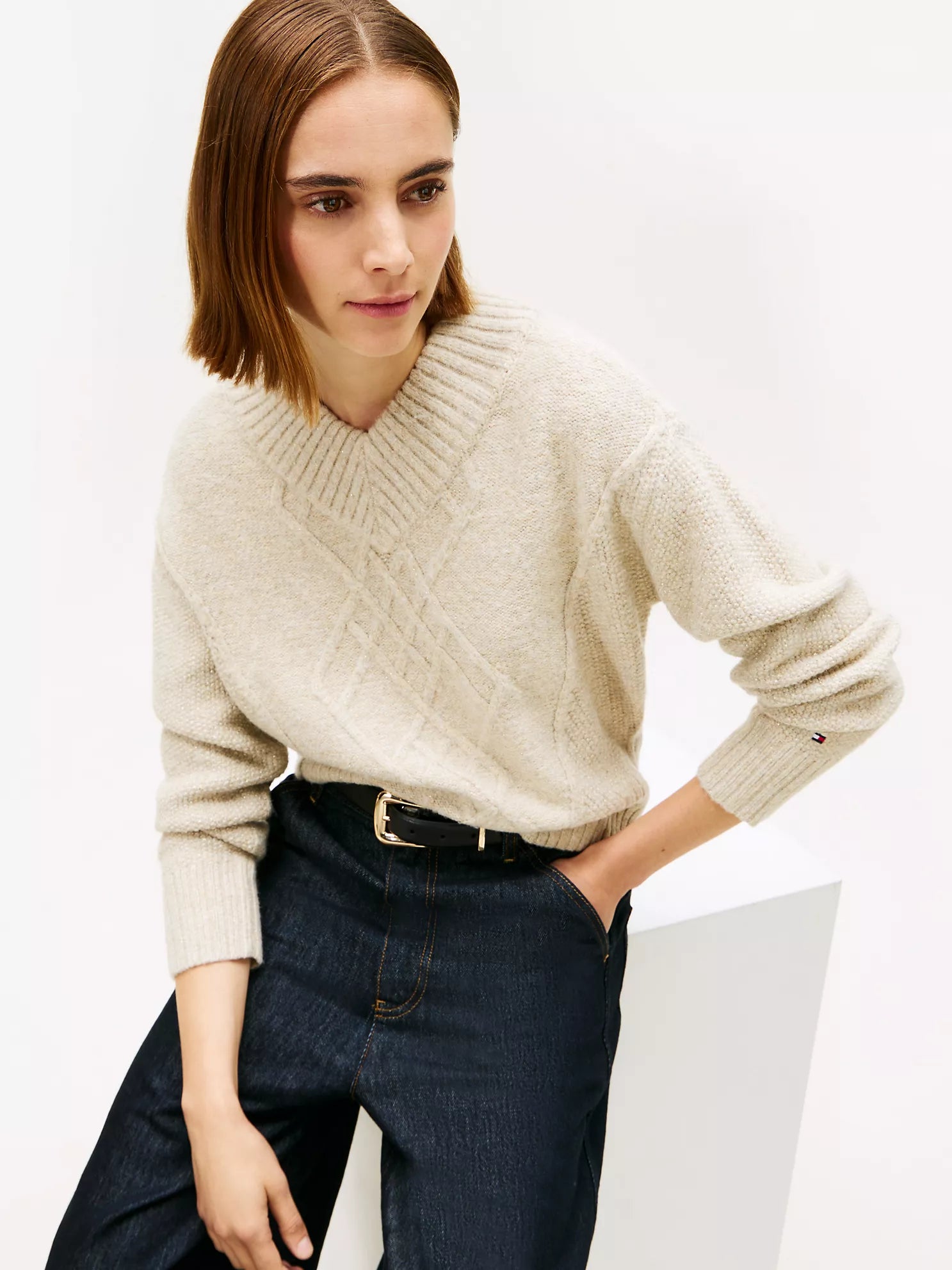 Womens' Tommy Cable Knit Shimmer V-Neck Sweater Beige