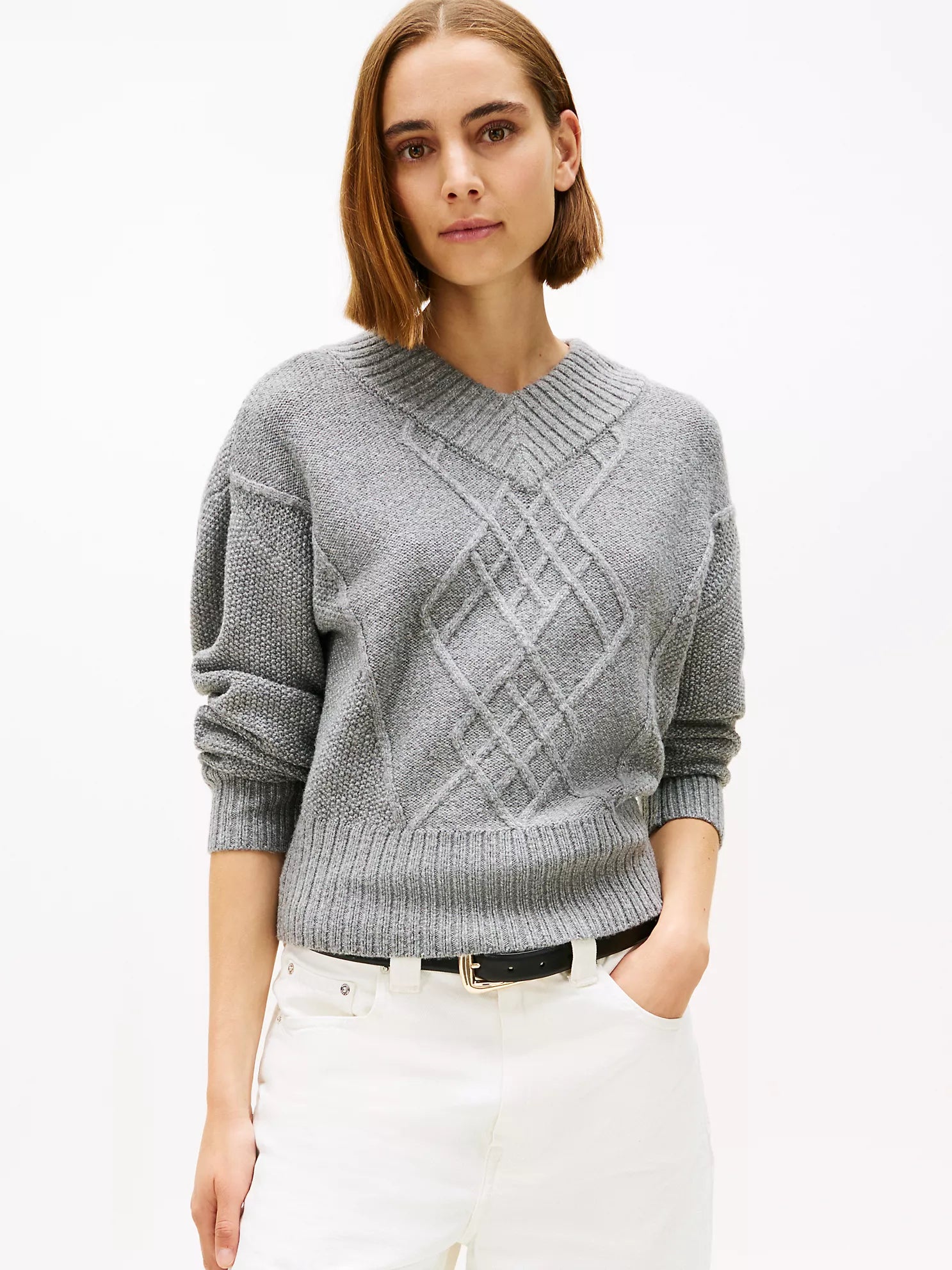 Womens' Tommy Cable Knit Shimmer V-Neck Sweater Medium Grey Heather