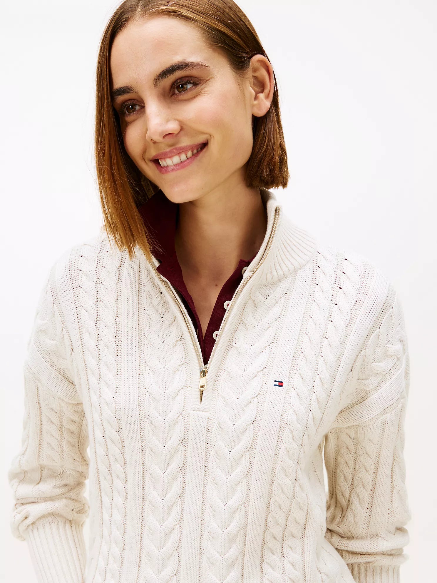 Womens' TOMMY Cable Knit Quarter-Zip Sweater Beige