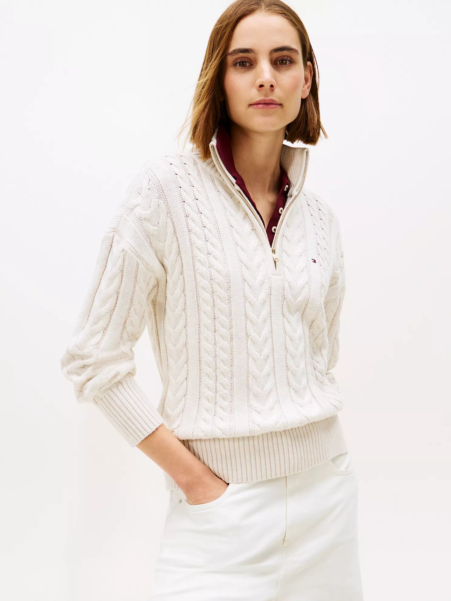 Womens' TOMMY Cable Knit Quarter-Zip Sweater Beige