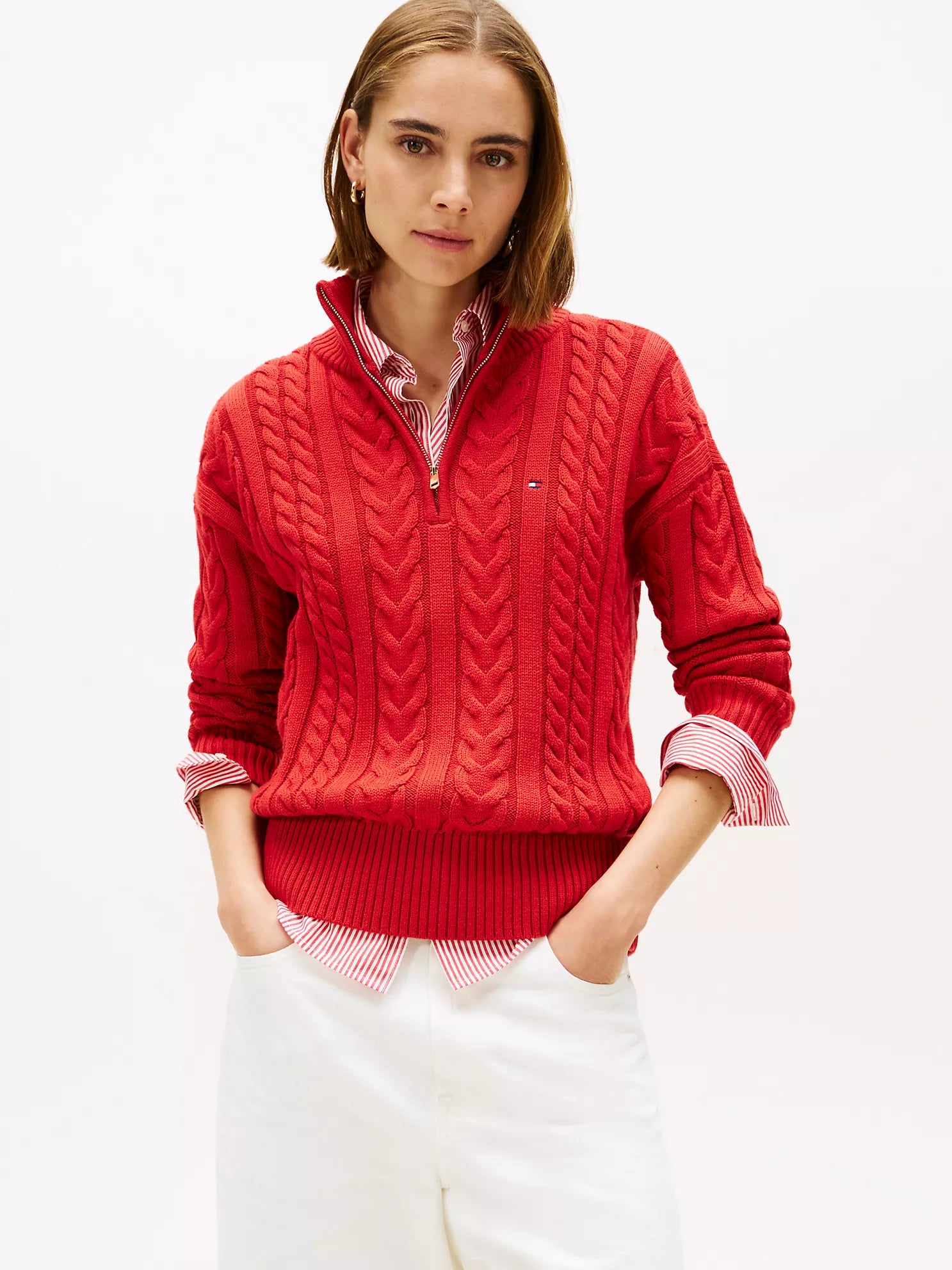 Womens' TOMMY Cable Knit Quarter-Zip Sweater Bright Red