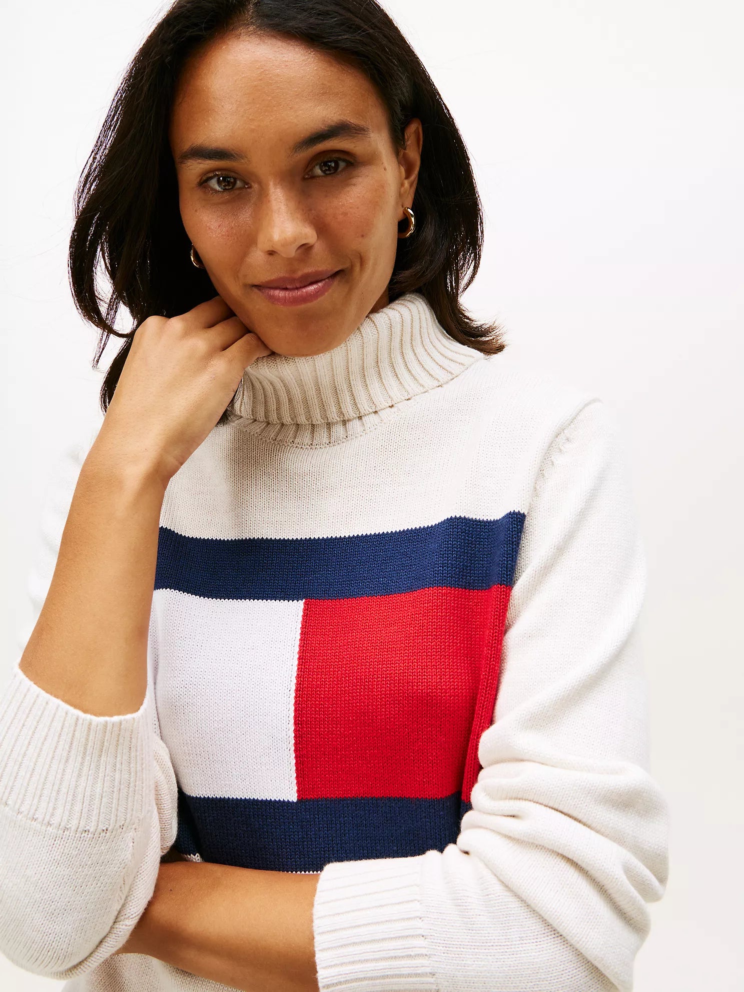 Womens' Tommy Intarsia Flag Logo Turtleneck Sweater Ivory Flag