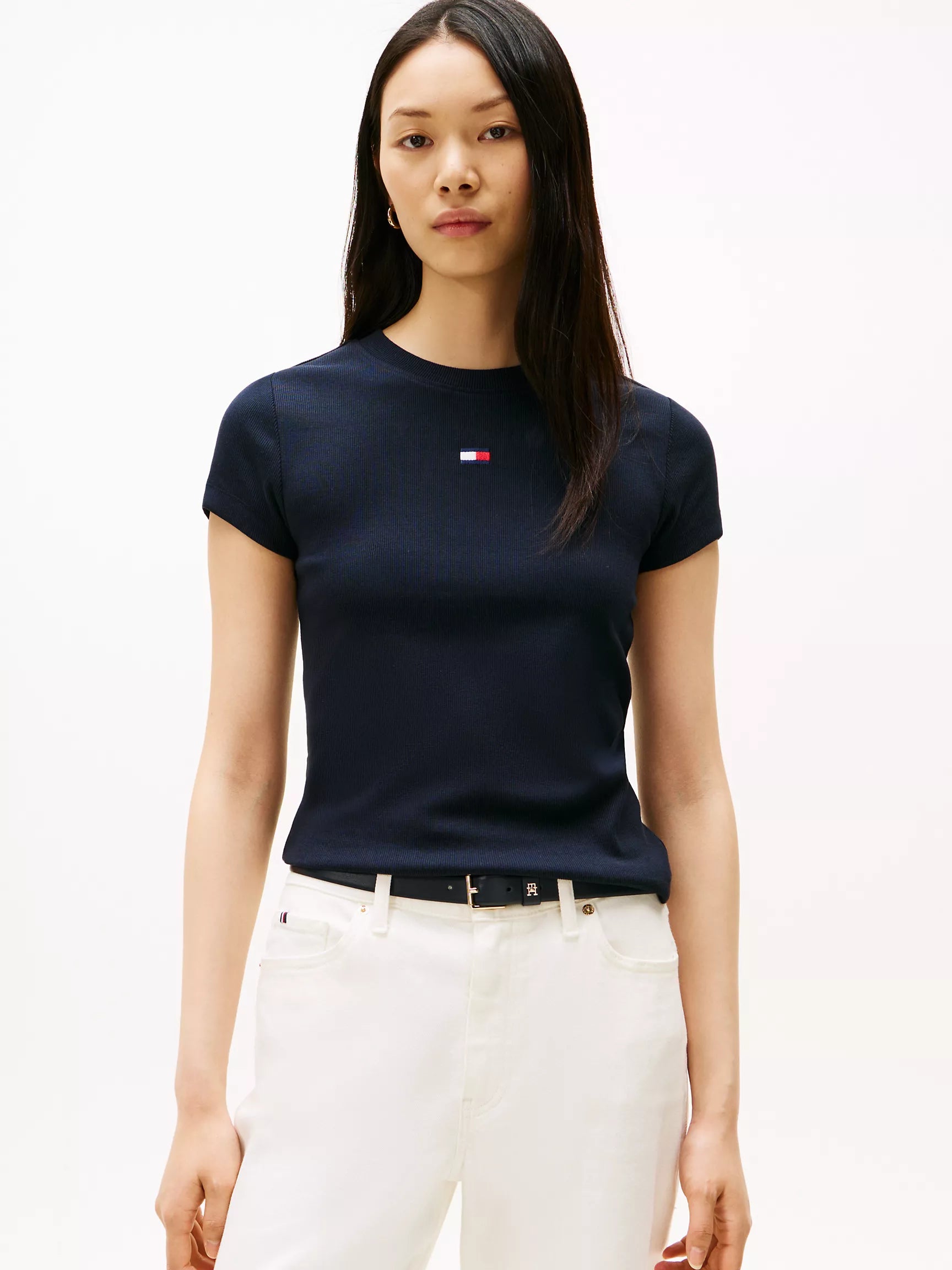 TOMMY Womens' Embroidered Flag Crewneck T-Shirt/ Navy