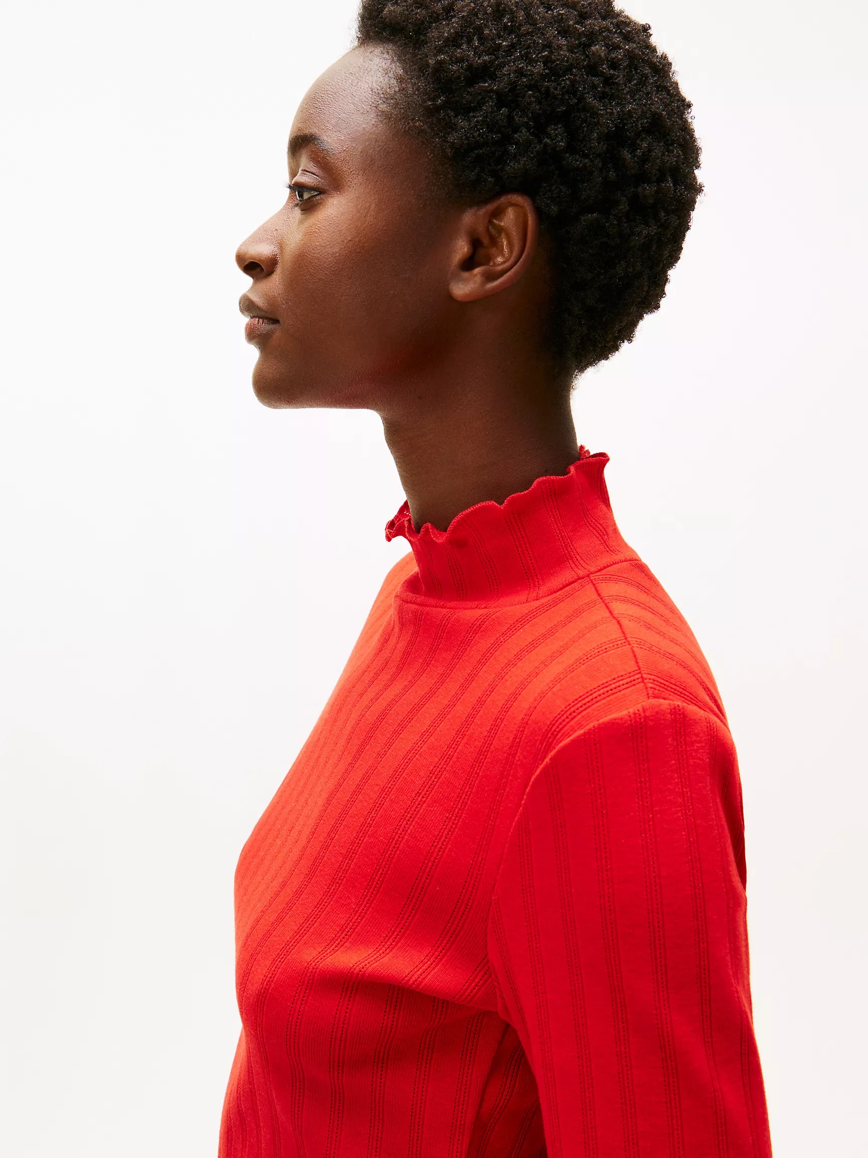 Womens' Tommy Lettuce-Trim Pointelle Turtleneck T-Shirt Deep Crimson