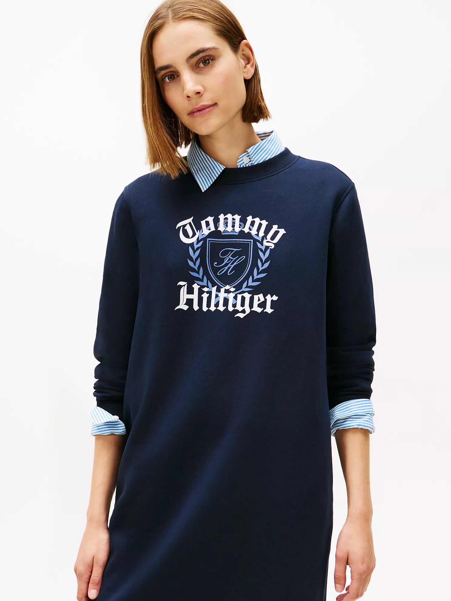 TOMMY WOMENS' Varsity Crest Fleece Sweatshirt Dress Navy