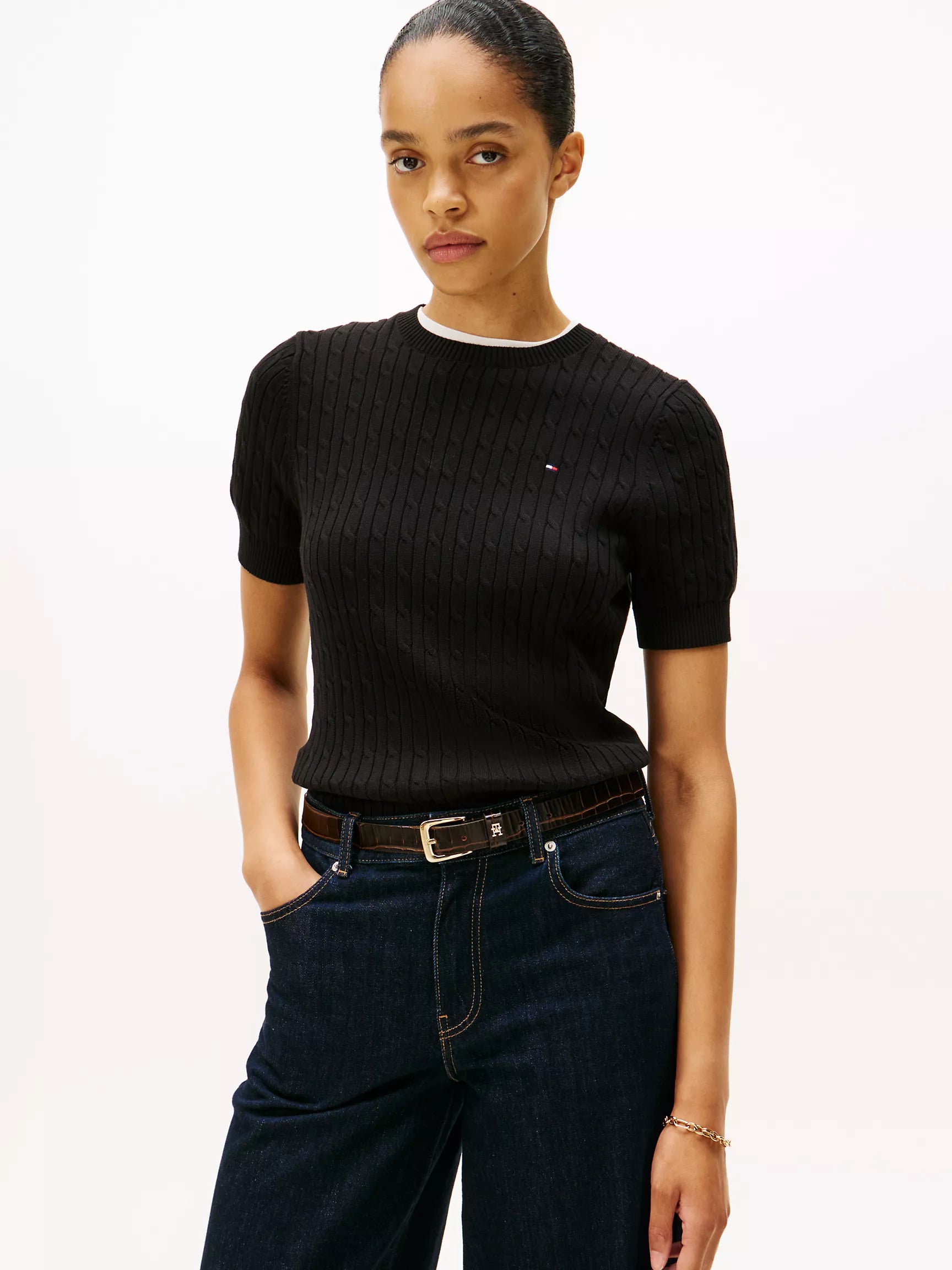 Tommy Womens' Short-Sleeve Cable Knit Sweater/ black