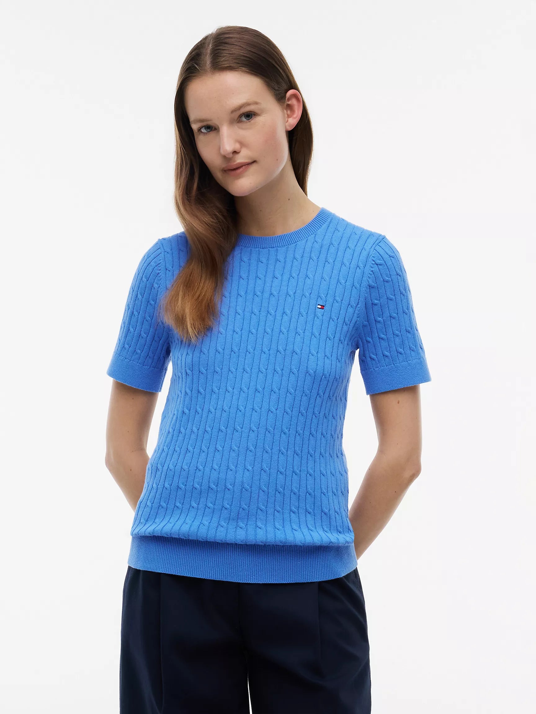 Tommy Women's Short-Sleeve Cable Knit Sweater-Siren Blue