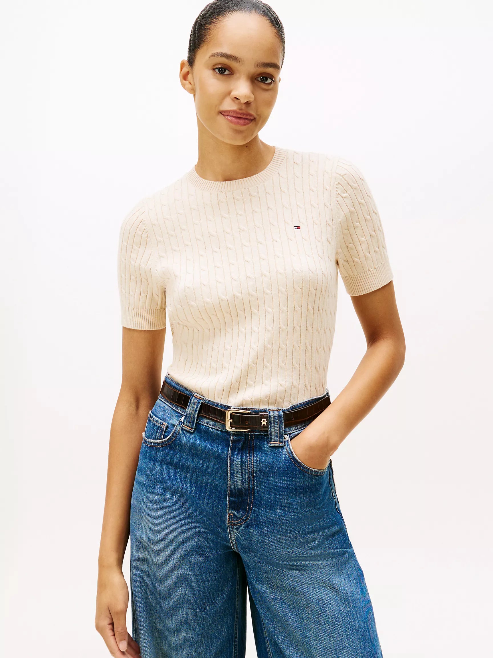 Tommy Womens' Short-Sleeve Cable Knit Sweater/Beige