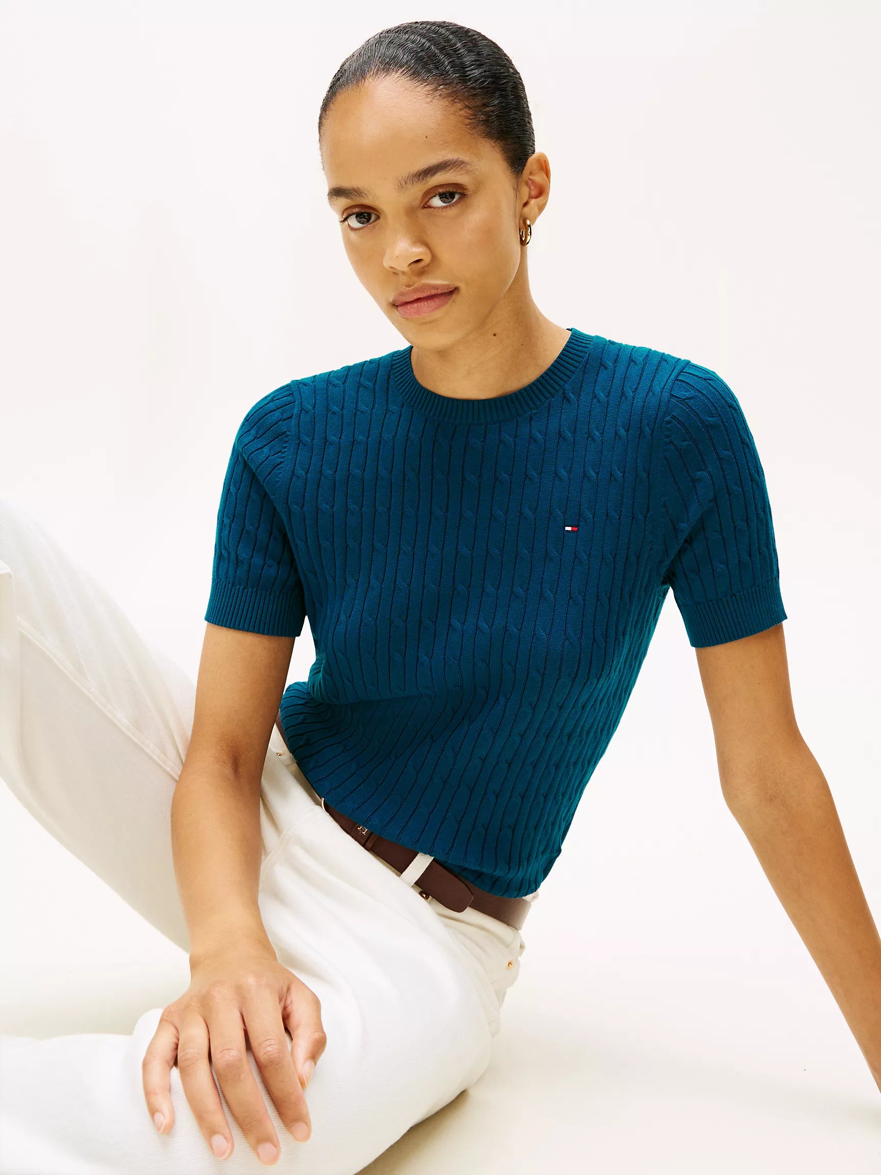 Tommy Womens' Short-Sleeve Cable Knit Sweater/Midnight Turquoise