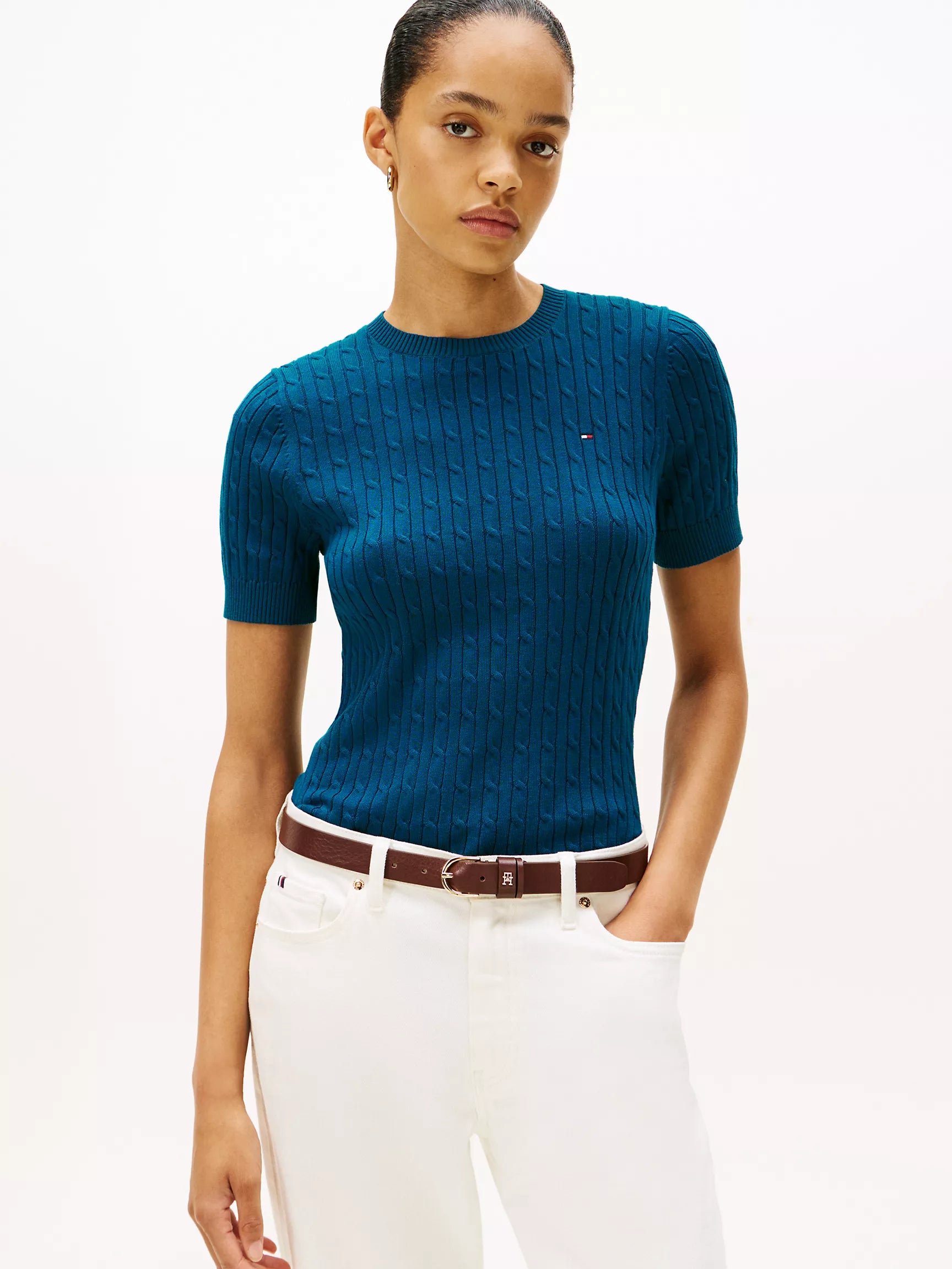 Tommy Womens' Short-Sleeve Cable Knit Sweater/Midnight Turquoise