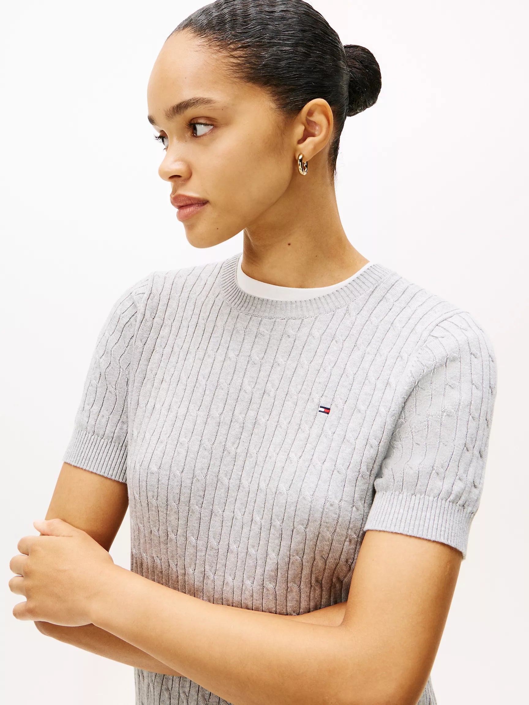 Tommy Womens' Short-Sleeve Cable Knit Sweater/ Grey