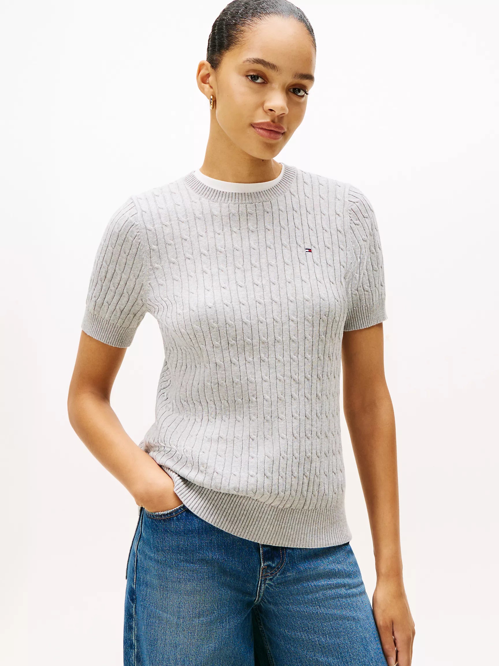 Tommy Womens' Short-Sleeve Cable Knit Sweater/ Grey